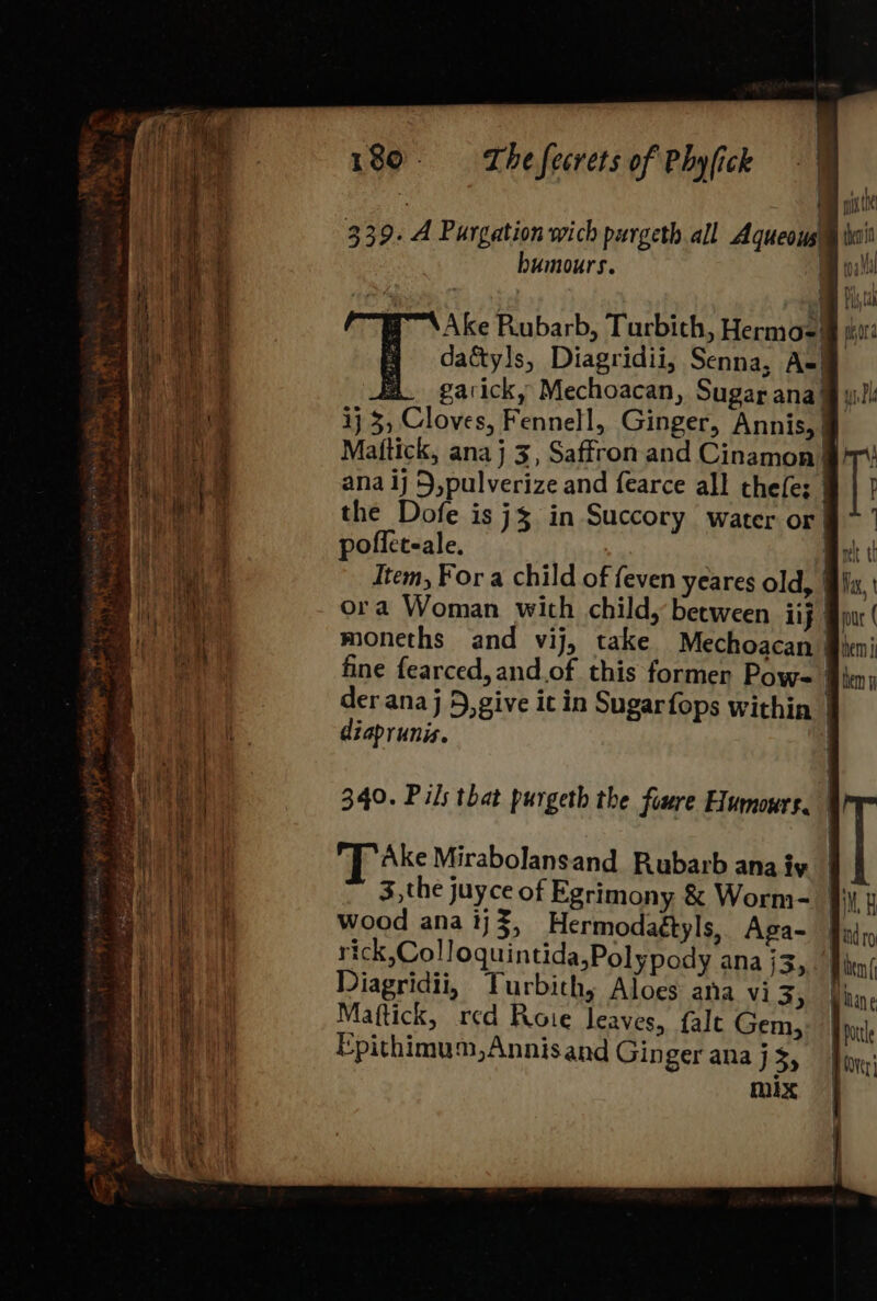 g 180. = The fecrets of Phyfick i | zp ie ysthe 339. A Purgation wich purgeth all Aqueous oii humours. Oe toa Ake Rubarb, Turbith, Hermo=§ phi daétyls, Diagridii, Senna, A-) garick, Mechoacan, Sugar ana §§ wi/!: ij 3, Cloves, Fennell, Ginger, Annis, § Maftick, ana j 3, Saffron and Cinamon §) ana ij 5,pulverize and fearce all thefe; the Dofe is j% in Succory water or | pofleteale, Boek Item, For a child of feven yeares old, @iix, ora Woman with child, between iij | ur ( moneths and vij, take Mechoacan Mhmi fine fearced, and.of this formen Pow- Bkenn der ana j 5, give it in Sugarfops within | diaprunis. 340. Pils that purgeth the fire Humours. Take Mirabolansand Rubarb ana iy 3,the juyce of Egrimony &amp; Worm- | MH wood ana ij, Hermodaétyls, Aga= Bat ick,Colloquintida,Polypody ana j3,_ len ( Diagridii, Turbichy Aloes ana vi 35 Mane Maftick, red Rote leaves, falt Gem,: Epithimum,Annisand Ginger ana j 3, mix