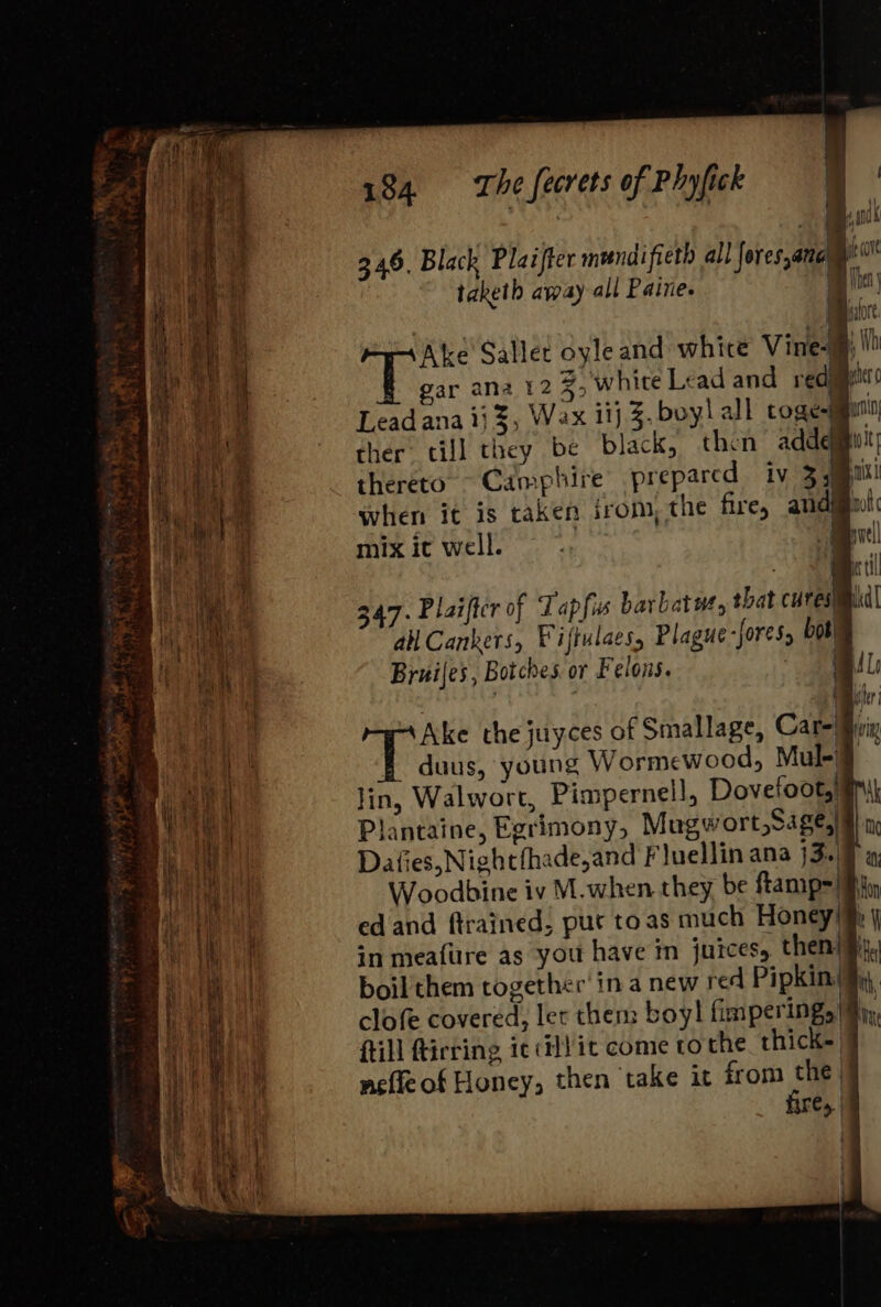 i] mi ff) 346, Black Plaifter mundifieth all fores, sal ¢ taketh away all Paine. ig Ake Sallet oyle and whice Vine- Mit gar ana 12 2, white Lead and redj ae 0 Lead ana ij 3, Wax 11 3. boy! all coge-mmiy ther’ till they be black, then addemmw it; thereto. Camphire prepared ivy 33) i when it is taken irom, the fire, aida c mix it well. ! , ia aa til 347. Plaifter of Tapfus bar batt, that cures idl ail Cankers, Fiftulaes, Plague -jores, bot Bruiles , Botches or Felons. UE raster Ake the juyces of Smallage, Care Hin duus, young Wormewood, Mule§ lin, Walwort, Pimpernell, Dovefoots/ ani Plantaine, Egrimony, Mugwort,Sages an Daties,Nightfhade,and Fluellin ana j3.)§ a, Woodbine iv M.when they be ftamp=/iiin edand ftrained, put toas much Honey} | in meafure as you have in juices, then) #4, boil them together in a new red Pipkinig, clofe covered, ler them: boyl fimpering, |My, {till firring ic cil! it come tothe thick- 9 nefle of Honey, then take it from x | ire, |