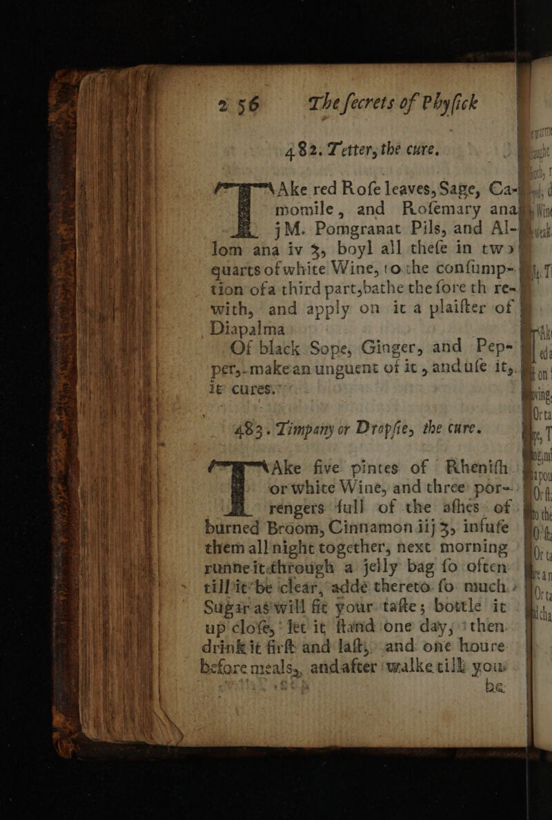 4.82. Tetter, the cure. \Ake red Rofe leaves, Sage, Ca-fi, momile, and Rofemary anaj | a jM. Pomgranat Pils, and Al- Joni ana iv $i, boyl all thefe in tw! guarts of white Wine, torhe confump= jy, tion ofa third partsbathe thefore th ren with, and apply on ica plaifter of Diapalma i Of black Sope, Ginger, and Pep- | pet,-makean un guent of ic, andife it, ig’ cures. ... ; © 483. Timpany or Dropfie, the cure. i. | Bi ‘Ake five pintes of Rhenith or white Wine, and three: por- :| rengers full of the afhes of «| burned Broom, Cinnamon iij 3, infufe them all night together , hext morning runne it: through a jelly bag fo often: | till it be iclear, addé thereto. fo. nich.» | Sugar ag will fit your. tafte ; ; bottle it up clofe,* let it ftand one day; ithen drink it firft and laft, and: one houre before meals,, andafter walke cill yous £ DG.