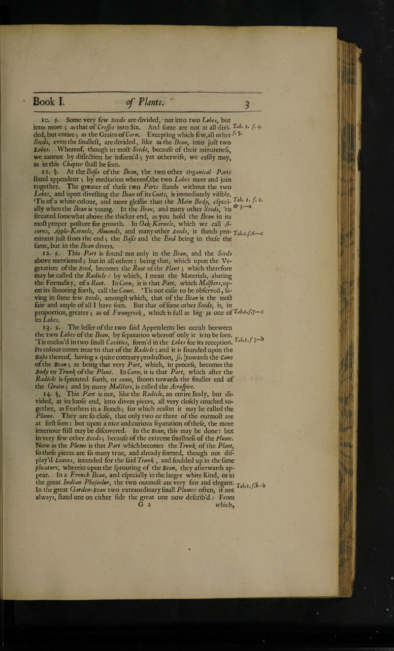 10. 5^. Some very few Seeds are divided, ’ not into two Lobes^ but into more 5 as that of Crejfes into Six. And Ibme are not at all divi- /• 4’ ded, but entire 5 as the Grains oiCorn, Excepting which few,all other 5* Seedsy even the fmalleft, are divided, like as the into juft two Lobes. Whereof, though in moft Seeds, becaule of their minutenels, we cannot by difledion be inform’d 5 yet otherwife, we eafily may^ as in this Chapter (hall be leen. 11. §. htihtBaJis of the Bean, the two other Orgamcal Parts ftand appendent 5 by mediation whereof,the two Lobes meet and join together. The greater of thefe two Parts ftands without the two Lobes, and upon divefting the Bean of its Coats, is immediately vifible. ’Tisofa white colour, and more gloflie than the Main Body, efpeci- ally when the Bean is young. In the Bean, and many other Seeds, ’tis ^ (ituated fomewhat above ^the thicker end, as you hold the Bean in its moft proper pofture for growth. In Oa^^Kernels, which we call A- corns, Apple-Kernels, Almonds, and many other Seeds, it ftands pro- minent juft from the end 5 the Bajts and the End being in thefe the lame, but in the Bean divers. 12. 5J. This Part is found not only in the Bean, and the Seeds above mentioned 5 but in all others: being that, which upon the Ve¬ getation of the Seed, becomes the Root of the Plant ^ which therefore may be called the Radicle : by which, I mean the Materials, abating the Formality, ofzRoot. In Corn, it \s that Part, which Maljiers,n^- on its (hooting forth, call the Come. *Tis not eafte to be obftrved, ving in fome few amongft which, that of the^e^wis the moft fair and ample of all I have (een. But that offome other Seeds, is, in proportion, greater 3 as of Fcenngreek^, which is full as big as one of'Iaki.f.y—c its Lobes. 13. 5^. The lefler of the two (aid Appendents lies occult beeween *Tis enclos’d in two fmall Cavities, form’d in the Lobes for its reception. Its colour comes near to that of the Radicle 3 and it is founded upon the Balls thereof^ having a quite contrary production, fc. [towards the Cone of the Bean 3 as being that very Part, which, in procels, becomes the Body or Trunks of the Plant. In Corn, it is that Part, which after the Radicle is fprouted forth, or come, (lioots towards the Imaller end of the Grain 3 and by many MaWers, is called the Acroj^ire. 14. §, This Part is not, like the an entire Body, but di¬ vided, at its loole end, into divers pieces, all very clolely couched to¬ gether, as Feathers in a Bunch 3 for which reafon it may be called the Plume. They are fo dole, that only two or three of the outmoft are at firft leen: but upon a nice and curious leparation ofthele, the more interiour ftill may be dilcovered. In the Bean, this may be done i but in very few other Seeds-., becaufe of the extreme fmallnels of the Plume, Now as the Plume is that Part which becomes the of the Plant, fo thefe pieces arc fo many true, and already formed, though not dif play’d Leaves, intended for the laid Trunk , and foulded up in the lame plicature, wherein upon the fprouting of the Bean, they afterwards ap¬ pear. In a French Bean, and efpecially in the larger white Kind, or in the great Indian Phajeolus, the two outmoft are very fair and elegant. In the great Garden-Bean two extraordinary Imall Plumes often, if not always, ftand one on either (ide the great one now defcrib’d ; From