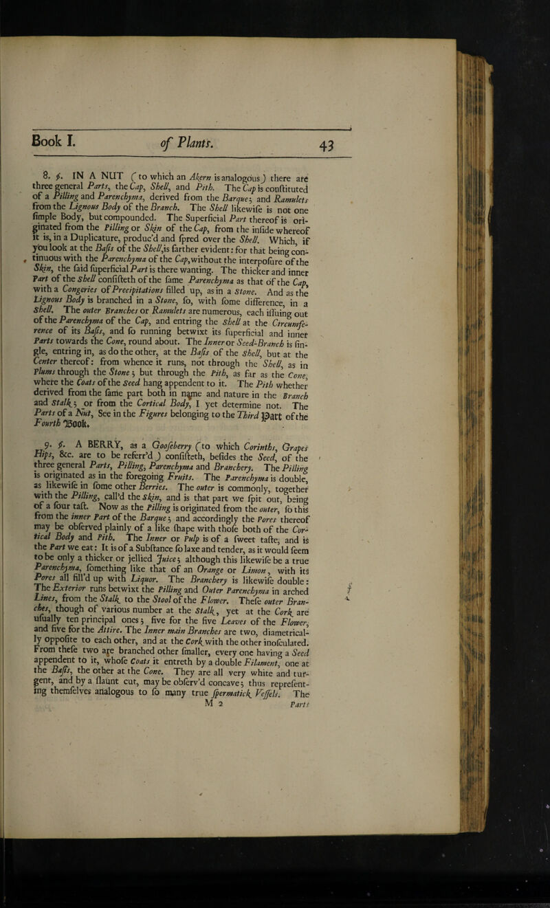 8. IN A NUT ( to which an is analogous J there ate three general the Cap, Shell, and Pjth. The is conftituted of a Pillif7g and Parenchyma, derived from the Barque-^ and Ramukts from the Lignous Body of the Branch. The Shell likewife is not one Ample Body, but compounded. The Superficial thereof is ori- Ijinatcd from the Pilling ot Skin of the Cap, from the infide whereof It is, in a Duplicature, produc’d and fpred over the Shell. Which if ybulook at the Bafi of the Shell’\^ farther evident: for that being con- , tinuous with the Parenchyma of the without the interpolure of the Skjn, the faid luperficialP^r/ is there wanting. The thicker and inner Tart of the shell confifteth of the fame Parenchyma as that of the Cap with a Congeries of Precipitations filled up, as in a stone. And as the tignoHs Body is branched in a Stone, fo, with fome difference in a shell. The outer Branches or Ramulets are numerous, each ifl’uing out of the Parenchyma of the Cap, and entring the shell at the Circumfe¬ rence of its Bafis, and fo running betwixt its fuperficial and inner Parts towards the Cone, round about. The Inner or Seed-Branch is An¬ gle, entring in, as do the other, at the Bap of the Shell, but at the Center thereof: from whence it runs, not through the Shell as in Ptor through the Stone ^ but through the Pith, as far as the Cone where the Coats of the Seed hang appendent to it. The Pith whether derived from the fame part both in n^e and nature in the Branch and Stal^^ or from the Cortical Body, I yet determine not. The Parts of a Nut, See in the Figures belonging to the Third Bart of the Fourth OBOOh* 9. A BERRY, as a Gpofeberry (to which Corinths, Grapes Hips, &c. arc to be referr’d J confifteth, befides the Seed, of the three general Parts. Pilling’, Parenchyma and Branchery, The Pilling is originated as in the foregoing Fruits. The Parenchyma is double as likewife in fbme other Berries. The outer is commonly,, together with the Pilling, call’d the skjn, and is that part we fpit out, being of a four taft. Now as the Pilling is originated from the outer, fo thi^ from the inner Part of the Barque 5 and accordingly the Pores thereof may be obferved plainly of a like fhape with thofe both of the Cor¬ tical Body and Pith, The Inner or Pulp is of a fweet taftej arid i^ the Part we eat: It is of a Subftance fb laxe and tender, as it would feem ^ ^ thicker or jellied Juicealthough this likewife be a true Parenchyma, pmo-thixu^ like that of an Orange or Limon, with its Pores all fill’d up with Liquor. The Branchery is likewife double: The Exterior runs betwixt the Pilling and Outer Parenchyma in arched Lines, from the Stalky to the Stool of the Flower. Thefe outer Bran¬ ches, though of various number at the Stalky, yet at the Cork^ are ufually ten principal ones, five for the five Leaves of the Flower, and five for the Attire. The Inner main Branches are two, diametrical¬ ly oppofite to each other, and at the Cork^v^xth the other inofculated. From thefe two aje branched other fmaller, every one having a Seed appendent to it, whole Coats it entreth by a double Filament, one at the Bap, the other at the Cone. They are all very white and tur¬ gent, and by a flaunt cut, may be obferv’d concave 5 thus reprefent- ing themfelves analogous to fo many true fpermatici VeffeU. The M 2 Parti y .•I -V 4