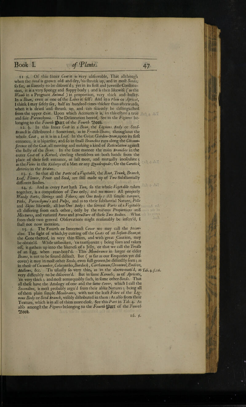 11 5^. Of this Inner Coat it is very obfervable, That allthough when the Seed is grown old and dry, ’tis fhnink up, and in raoft Seeds; fo far, as icarcely to be difcern’d j yet in its firft and juvenile Conftitu- tion, it is a very Spongy and Sappy body 5 and is then likewife (as the Wof»h in a Pregnant Animal ) irt proportion, very thick and bulky. In a Bean, even as one of the Lobes if felf .* And in a Plum or Apricot, I think I may (afely fay, half an hundred times thicker than afterwards, when it is dried and ftirunk up, and can fcarcely be diftinguilhed from the upper Coat. Upon which Accounts it is, in thiseftate a true ^ and CLw Parenchyma. The Delineation hereof. See in the Figures be¬ longing to the Fourth of the Fourth 1500k. . 12. §. In this Inner Coat in a Bean, the Ligmus Body or Seed- Branch is diftributed ; Sometimes, as in French-Beans; throughout the ^ , whole Coat, as it, is in 2. Leaf. In'the Great Garden-Bean,upon its firft entrance, it is bipartite, and fo in fmall Branches runs along the Circum¬ ference of the Coat, all meeting and making a kind of Reticulation againft the Belly of the Bean. In the lame manner the main Branches in the outer Coat of a Kernel, circling themlelves on both hands from the place of their firft entrance, at laft meet, and mutually inoftulate 3 ^ , as the Veins in the Kidneys of a Man or any ^adrupede^ Or the Carotid^ v ’ . . • Arteries va. Che Braine. 13. 5^. So that all the Parts of a Vegetable, the Root, Trunks Branchy Leaf,' Flower, Fruit and Seed, are ftill made up of Tn?<7 Subftantially different Bodies. ’ ^ ' ' • 4 ' , , , 14. 5^. And as every hath Two, Ib the whole .taken ' together, is a compofition of Two only, and no more: All properly Woody Parts, Strings and Fibers; are One Body : All fimple Barques, Piths, Parenchyma s and Pulps, and as to their fubftantial Nature, Pills and Skjns XdiQViiR, aWhnx One Body : xh^LtvQral Parts oiaVegetable all differing from each other , only by the various Proportions and ; > Alixtures, and variated Pores and strudure 6(t\ie(Q Two Bodies. What : * from thefe two general Obftrvations might reafonably be inferr’d, I • (hall not now mention. • ' j 15. The Fourth or Innermoft Cover we may call the Secon- dine. The fight of which,by cutting off the Coats of an Tnfant-Bean,at the Cone thereof, in very thin Slices, and with great ^aution, may be obtain’d. While unbroken, ’tis tranfparent ^ being torn and taken off, it gathers up into the likenefs of a jelly, or that we call the Tredle of an Egg, when rear-boyl’d. - This Membrance in larger or elder Beans, is not to be found diftindt. But ( as far as our Enquiries yet dif- cover) it may in moft other Seeds, even full grown,be diftindtly feen, as in thofe Cucumber, Colocynthis,Burd0cl{, Carthamum,Gromwel, Endive, Mallows, See. Tis ufiially Ib very thin, as in the above-nam’d, asi'ab.^.f.i6. very difcultly to.be difeover’d. hut \n Come Kernels, as o£ Apricots, ’tis very thick ; and moft remarquably fuch, in fome other Seeds. That all theic have the Analogy of one and the fame Cover, which I call the Secondine, is moft probably argu’d from their alike Natures 5 being all of them plain fimple Membranes, with not the leaft Fibre of the Lig- nous Body or Seed Branch, vifibly diftributed in them : As alfo from their Texture, which is in all of them more dole. See th\sPart in Tab. 4. As alfb amongft the Figures belonging to the Fourth pact of the Fourth 'Boos¬ ts. i. / i 7