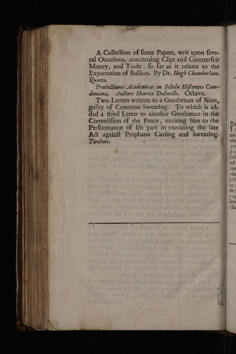 A Collection of fome Papers, writ upon feve- ral Occafions, concerning Clipr and Counterfeit Money, and Trade, fo far as it relates to the Exportation of Bullion. By Dr. Hugh Chamberlain. Quarto. PraleEiones Academica in Schola Hiftorices Cam- deniana. Auttore Henrico Dodwello. Odtavo. Two Letters written to a Gentleman of Note, uilty of Common Swearing. To which is ad- ded a third Letter to another Gentleman in the Commiffion of the Peace, exciting him to the Performance of his part in executing the late Act againft Prophane~Curfing and Swearing. Twelves. 7