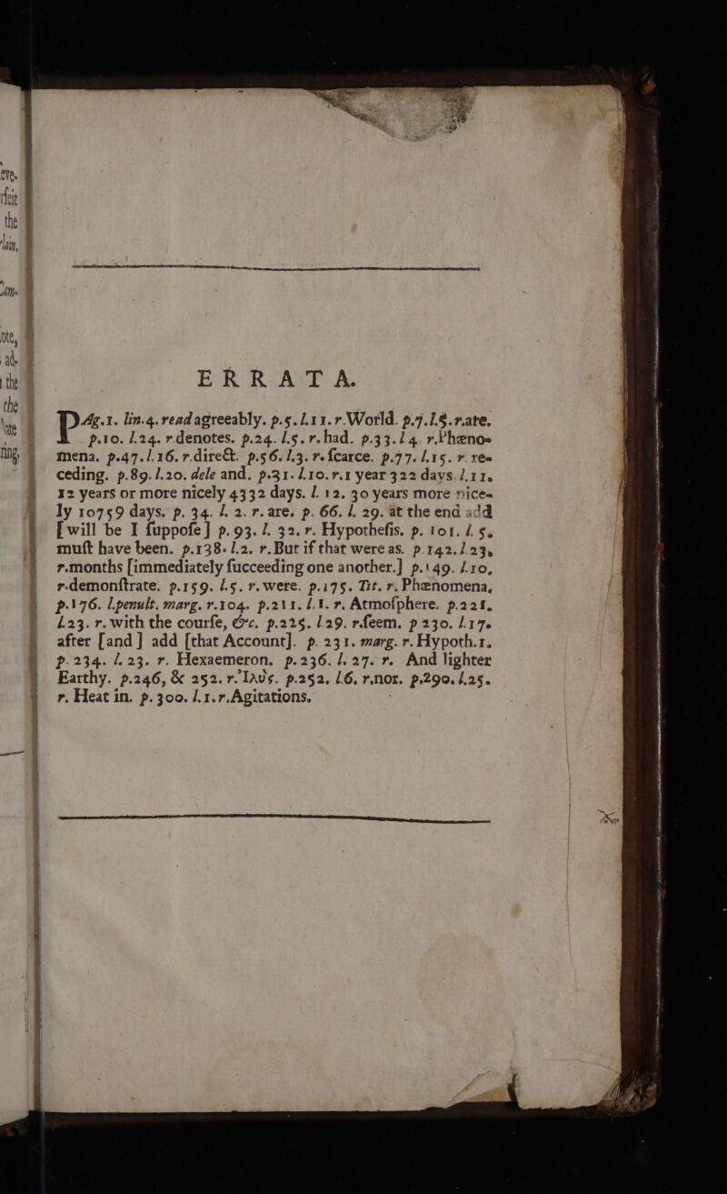 ERRATA. 4g.t. lin.g. read agreeably. p.5./.11.7.World. 9.7.1.4.rate. p10. 1.24. r.denotes. p.24.1.5.r.had. ».33.14. r.Phenoe mena. p.47./.16.7r.dire&amp;. p.56. 1.3. r-fcarce. p.77. 1.15. r. ree ceding. p.89.1.20. dele and. p.31.1.10.7,.1 year 322 davs./.11. 12 years or more nicely 4.332 days. /. 12. 30 years more nice- ly 10759 days. p. 34. 22.r.are. p. 66. 1. 29, at the end add [ will be I fuppofe] p.93./. 32. r. Hypothefis. p. tor. 1.5. muft have been. p.138-/.2. r. But if that were as. p.142./23, 7.months [immediately fucceeding one another.} p.' 49. L.10, r-demonftrate. p.159. L5. r. were. p.i75. Tit. r. Phenomena, p-176. Lpenult. marg. r.104. p.211. 1.1. 7, Atmofphere. p.221. 1.23. r. with the courfe, Oc. p.225. 129. r.feem. p 230. 1.17. after [and] add [that Account]. p. 231. marg. r. Hypoth.1. Pp. 234. 4.23. r. Hexaemeron. p.236./.27. r. And lighter Earthy. p.246, &amp; 252. r. Tavs. p.252, 1.6, r.nor. p.290. 1.25. r. Heat in. p. 300. /.1.7.Agitations. |