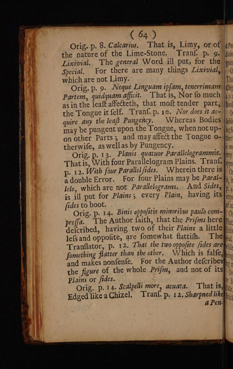 Orig. p. 9. Calcarius, That is, Limy, or of Jie the nature of the Lime-Stone. Tranf. p. 9. |gith Lixivial. The general Word ill put, for the. sir Special, For there are many things Lixivial, | Q which are not Limy. | | Orig. p. 9. Neque Linguam ipfam, tenerrimam It Partem, quidquam afficit... That is, Nor fo much }j) as in the leaft affe&amp;eth, that moft tender part, the Tongue it felf. Tranf. p. 19. JVor does it ac-|| quire any the leaf Pungency. Whereas Bodies yj may be pungent upon the Tongue, when not up- jing on other Parts; and may affect the Tongue 0- Ite therwife, as wellas by Pungency. p» Orig. p. 13. Planis quatuor Parallelogrammtis. Aes That is, With four Parallelogram Plains. Tran, In, p. 12. With four Parallel fides. Wherein there is] o, adouble Error. For four Plains may be Paral-jj ; les, which are not Paralielograms. And Sides, ]y , is ill put for Plams; every Plain, having its fer, fidestoboot.. — “fad a Orig. p. 14. Binis oppofitis minoribus paulo comi-J o, preffa. The Author faith, that the Prifms here], defcribed, having two of their Plains a little]: lefs and oppofite, are fomewhat flattifh. Theb; Tranflator, p. 12. That the two oppofite fides areln. fometbing flatter than the other. Which is falfegls, and makes nonfenfe. For the Author defcribesf,, the figure of the whole. Prifm, and not of its} 9, Plains or fides. j E. Orig. p. T4. Scalpelli more, acuata. That isgoy, 4 » Edged like a Chizel. T'ranf. p. 12. Sharpned like n 4 Pen: