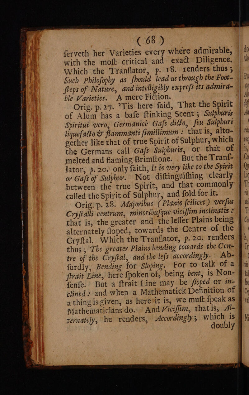 ferveth her Varieties every where admirable, with the moft critical and exact Diligence. Which the Tranflator, p. 18. renders thus ; Such Philofopby as should lead us through the Foot- ble Varieties. A mere Fiction. the Germans call Gafs Sulpburis, or that of between the true Spirit, and that commonly called the Spirit of Sulphur, and fold for it. that is, the greater and the leffer Plains being fait Line, here fpoken of, being bent, is Non-