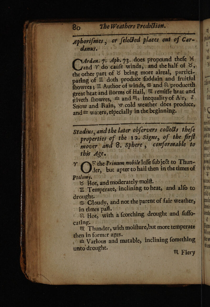 ee ee opments PE Roe WA 52) er ee mek e = — aad aS ar ote con ao AT Ser meeag ene acy - . x - a e : _ - BESS PR A ORI a. SORE : J > ‘ ——— j — z = danus. Ardani 7: Apb. 73.:does ptopound thefe ¥ giveth fhowres, = and ls inequality of Air, Snow and Rain, w.cold weather does produce, and = waters, etpecially in the beginning. - Gos ae) stadius;and the later obfervers colleds thefe properties of ‘the 12. Signs, of the. firft mover aud 8. Sphere; conformable to this Age. v O} the Primm mobile lefle fubje&amp; to Thun- der, buc apter co hail chen in the times of Prolomy. % Hot, and moderately moift. | IL Temperate, inclining to heat, and alfo to drought. o> Cloudy, and not the parent of fair weather, in times paft. cating. | m Thunder, with moifture,but more temperate then in former ages. unto drought. M Fiery i. he eal Pld Paid ir ) then pny Bonar | ao \ | Hg th