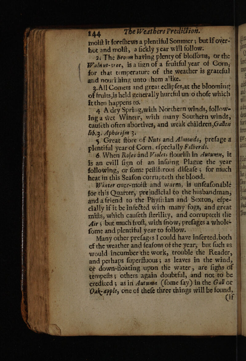 SS asap eed era _—— a ~ PES Nc ty 2 a RN iti Meee TD A = hy MANTA yt Pam SN ENTE NA f= ee * me 4 > - The Weathers Predation.’ mmoilt it forefhews a plentiful Sommer ; but if over= | | hot and moift, afickly year will follow: . 2: The Broom having plenty of bloffoms, orthe | Waliwt-tree, isa fign of a fruitful year of Corn; for that temperature of the weather is grateful § 1 and nourihing unto chem a'ike. ae) ee 3.All Comets and great eclipfes,at the blooming | me of fruits,is held geiierally hurcful un:o thofe which it then happens to. : qv 4 Adry Spring,with Northern winds, follow= jj # ing a wet Winter, with many Southern winds, || die cauteth often abortives, and weak children,Galles ior lib... Aphorifm 3. | h gir 5. Great ftore of Nuts and Almouds, prefage a jf: plentifal year of Corn, efpecially Filberds. “at 6. When Rofes and Violets flourifh in 4utunin, it | Many other prefages I could have inferted,both of the weather and feafons of the year; but fuch as would incumber the work, trouble the Reader, and perhaps fuperffuous; as leaves in the wind, St down-floating upon the water, are fighs of | tempelts; others again doubtful, and not to be |) crediced 3 asin Autumn (Come fay) in the Gall ot’) Oak-apple, onc of thefe three things will be a q cif | |