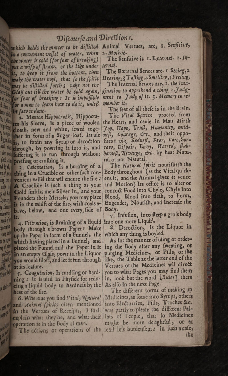 Mi Mybich bolds the matter to be diffilled; Animal Vertues, ate, tf. Senfitive, len « convenient velfel of water, when) 2. Motive. Myiebe water is cold (for fear of breaking)| “The Senfitive is 1.External. 2.1 ta wifp of tram, or the like wader | ternal. , to keep it from the bottom, then| The External Sences are. 1. Seeitg,2 ake the water boyl, that fo the (pirit | Hearing,3 Uafting,4Smelling,s Feeling. eo quay be diftilled forth; ake not the| The Internal Sences are, 1. the I7a- bla ont till the water be cold again, | gination to apprehend a thing 2.7 wage fear of breaking: It # impofivle | meni to Fndg of it. 3. Memory to re- aman to learn bow to doit, unlef | member its | faw it done. The feat of all thefe is in che Brain. 2. Manica Hippocratis, Hippocrs-| The Vital Spits procecd from bs his Sleeve, is a piece of woolen | the Heart, and caule in Man Mirth loath, new and white, fewed toge-| Joy, Hope, Tru, Humanity, mild- her in form of a Sugar-loef. Is ufe | nef; Courage, Cc. and their oppo- fils, to ftrain any Syrup or decodtion |fices: viz. dadnefi, Fear, Care, Sore Rhrough, by powring it into it, and| vow, Difpair, Envy, Hatred, {tab- fering it to run through without | bornek, Revenge, exc. by heat Natue. Wprefling or crufhing it. ral or not Natural. © 3. Calcination, 1s aburning of a| The Natural foirit nourifhech the fhing ins Crucible or other fuch con- | Body throughout (as the Viral quick- enient veffel thac wil endure the fires |ensit, and the Animal gives ic ence Crucible is fuch a thing as your|and Motion) Its office is to alter or Gold fmiths mele Silver in, and your | concoé Food into Chyle, Chyle into Founders their Metrals; you may place Blood, Blood into fiefh, to orm, ie ins the midft of the fire, with coals a~| Engender, Nourifh, and Increafe the buve, below, and one every, fide of | Body. t. 7. Infufion, is to Meep a grols body S 4. Filtration, is ftraining of a liquid into one more Liquis body through a brown Papert: Make|, 8. Decoion, is the Liquor in bp the Paper in form of a Funnel, the which any thing is boyled. hich having placedin a Funnel, and{ As for the mannet of ufing or order@ WRlaced the Funnel and the Paper in it |ing the Body after any {weating, OF Ban an empty Glafs, powr inthe Liquor | purging Medicines, or Pills, or the You would filter, and lec irtun through {like, che Table ac the latter end of the at its leafure. I Vertues of the Medicines wil dire&amp; ® 5. Coagulation, Is curdling or hard- | you to what Pages you may find them PyPning : Ic isufed in Phyfick for redu- | in, look butthe word [| Rales] there Bing aliquid body to hardnefs by the | As alfo in the next Page. Pheat of the fire, The different forms of making up B 6. Whereas you find Vital, Natural \ Medicines,as fome into Syrups, others ’ pperation is in the Body of man. Imight be more delightful, or ar The actions ot operations of the lealt lefs burdenfoms ia (uch a cafes the