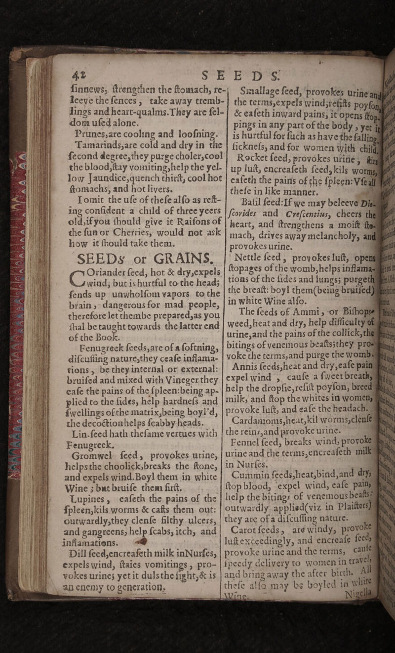 4% SE finnews, firengthen the ftomach, re- Teeve thefences, take away tremb- dom ufed alone. Prunes,are cooling and loofning. Tamarinds,are cold and dry in the fecond degree, they purge choler,cool the blood, ftay vomiting,help the yel- low Jaundice, quench thirft, cool hot ftomachs} and hot livers. Tomit the ufe of thefe alfo as reft- ing confident a child of three yeers old,ifyou fhould give it Raifons of the fun or Cherries, would not ask how it fhould take them. SEEDs or GRAINS. Sieh feed, hot &amp; dry,expels wind; but is hurtful tothe head; fends up unwholfom vapors tothe brain » dangerous for mad people, therefore let thembe prepared,as you thal be taught towards thedatter end of the Book. Fenugreck feeds, are of a foftning, difcuffing nature,they ceafe inflama- tions, be they internal or external: bruifed and mixed with Vineger,they eafe the pains of the {pleen:being ap- plied to the fides, help hardnefs and f{wellings of the matrix,being boyl’d, the decoctionhelps {cabby heads. Lin-feed hath thefame vertues with Fenugreck. Gromwel feed, provokes urine, helpsthe choolick,breaks the ftone, inflamations. 4 Dill feed,encreafeth milk inNurfes, expels wind, ftaics vomitings , pro- vokes urine; yet it dulsthe fight, &amp; 1s an enemy to generation. | cai ana Wand E D §. the terms,expels wind;tefifts poyfp &amp; eafeth inward pains, oben te pings in any part of the body , yer j is hurtful for fuch ficknefs, and for women with child | up luft, encreafeth feed, kils worme eafeth the pains of ¢ ; thefe in like manner. , Balil feed: If we may beleeve Dig fcorides and Crefcentius, cheers the heart, and ftrengthens a moift ite mach, arives away melancholy, and provokes urine. Nettle feed, provokes luft, openg ftopages of the womb,helps inflamas tions of the fides and lungs; purgethy the breaft: boy! them(being bruifed) in white Wine alfo. 7 weed, heat and dry, help difficulty of urine,and the pains of the collick, thg bitings of venemous beaftssthey pros voke the terms,and purge the wombe Annis fecds,heat and dry,eafe pain, help the dropfie, refit poyfon, breed) milk, and ftop the whites in women) provoke luft, and eafe the headach. Cardamoms,heat,kil worms, clenle the reins,and provoke urine. in Nurfes, Cummin feeds, heat,bind,and dy; help the bitings of venemous bealts; outwardly applied(viz in Plaifters) they are of a difcufling nature. Carot feeds, are windy, provoke luftexceedingly, and encreafe feed; provoke urine and the terms, ipeedy delivery to women in rave | and bring away the after birth. Al thefe alfo may bs boyled im white Wiry ™ So | : Nig w ae} * ee ~ - ui nh hn nil ra lit hs (ti (j)