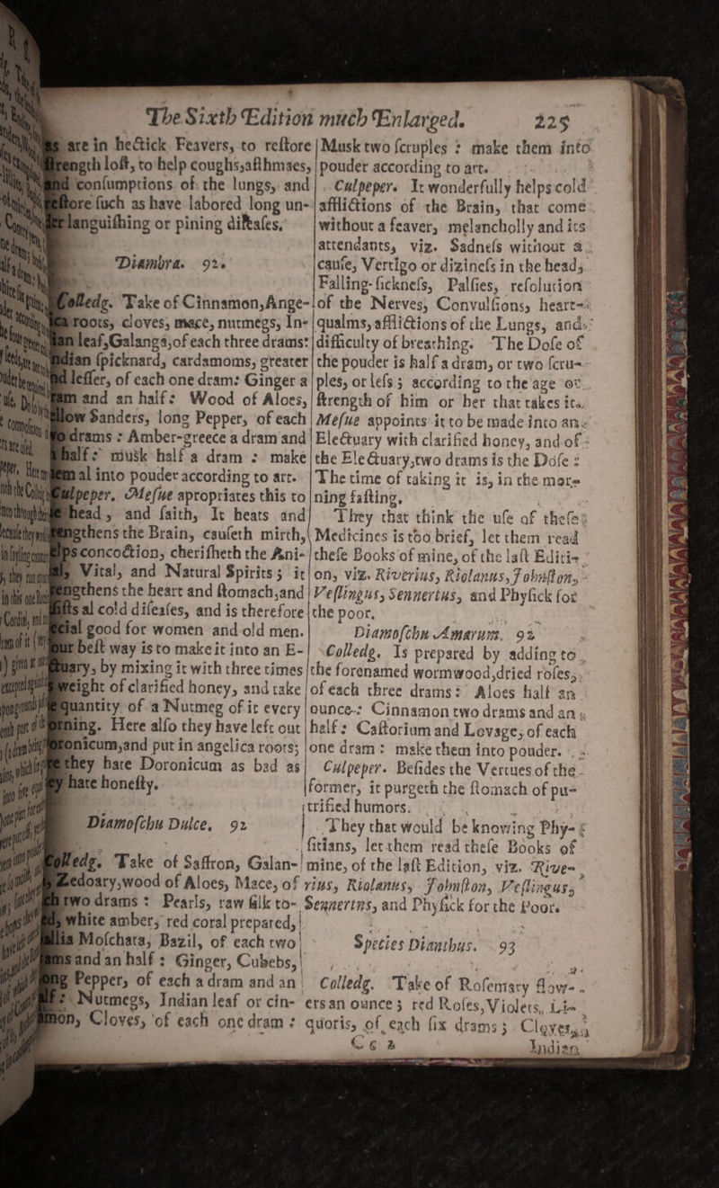 Mims are in hectick Feavers, to reftore| Musk two fcruples : make them into | tngth loft, to: help coughs,afihmaes, | pouder according to art. : d confumptions. of: the lungs, and| .. Calpepers I: wonderfully helps cold th fore fuch as have labored long un-'affliGions of the Brain, that come thao timer tanguithing or pining difafes, | without a feaver, melancholly and its von 7 attendants, viz. Sadnefs witnout a. Diambra. 92+ caute, Vertigo or dizinefs in the heads. &gt;. Falling-ficknels, Palfies, refolucion olede. Take of Cinnamon, Ange-lof the Nerves, ConvulGons, heart~! @roots, cloves, mace, nutmegs, In- | qualms, afliGions of the Lungs, and: Mmleaf,Galanga,of each three drams: |difficulty of breathing. ‘The Dofe of man {picknard, cardamoms, greater | the pouder is half a dram, or two fcru- Bleffer, of each one dram: Ginger a/ples, or lefs according to che age Ot. mand an half: Wood of Aloes,/|ftrength of him or her that cakes ita. Ow danders, long Pepper, of each | Mefue appoints itto be made into ane’ Mdrams ¢ Amber-greece a dram/and | Ele€uary with clarified honey, and of - falf miusk half a dram : maké|the Ele Guary,two drams is the Dole : feet al into pouder according to art. |The time of taking it is, in che mare Weelpeper, Mefue apropriates this to|ning fafting, £9 head, and faith, It heats and] ‘They that think the ule of thee: agthens the Brain, caufeth mirth,| Medicines is too brief, let them read bSconcoétion, cherifheth the Ani-/cthefe Books of mine, of the laft Editi+ ; ti ume Vital, and Natural Spirits; it/on, viz. Riverius, Riglanus, F obnft ony - ‘bs ach ingthens the heart and ftomach,and Veflingus, Sennertus, and Phyfick for Cuil loi sal cold difeafes, and is therefore | the poor, 3 &lt;ve &amp; Gs hs Beial good for women and old men. Diamof{chn Amarum, 9% ane ar belt way isto makeit into an E-| \Collede. 1s prepared by adding to , ) gn lary, by mixing ic with three times /the forenamed wormwood,dried rofes;. ee gi eight of clarified honey, andtake /ofeach three drams: Aloes half an mint Quantity of a Nutmeg of it every |ounce-: Cinnamon two drams and an » Ptning. Here alfo they have lef: out jhelf: Caforium and Lovage, of each fonicum,and put in angelica roors; jone dram: make them into ponder. . - they hate Doronicum as bad as| Culpeper. Befides the Vertues of the. hate honefty. obey; it purgech the ftomach of pu-= mM 3) itrified humors. a. i ee Diamo(chu Dulce. 92 _Mhey that would be knowing Phy- ¢ _.. . fitians, lecthem read thefe Books of medg, Take of Saffron, Galan-' mine, of the laft Edition, viz. Rive= , edoary,wood of Aloes, Mace, of rins, Rialanus, Fobniton, Veftinguss two drams &lt; Pearls, raw filk to- Segnertns, and Phy fick for the Foor. white amber,’ red coral prepared, | | da Mofchata, Bazil, of each CWO | Sandan half: Ginger, Cubebs, aS : °; meee B Pepper, of eachadram andan | Colledg. Take of Rofemary flow. . *\ Nutmegs, Indian leaf or cin- ersan ounce; red Roles, Violets, Lie RON, Cloves, ‘of each one dram ¢ quoris, of each fix drams 3 Clovety.; (C62 Indian