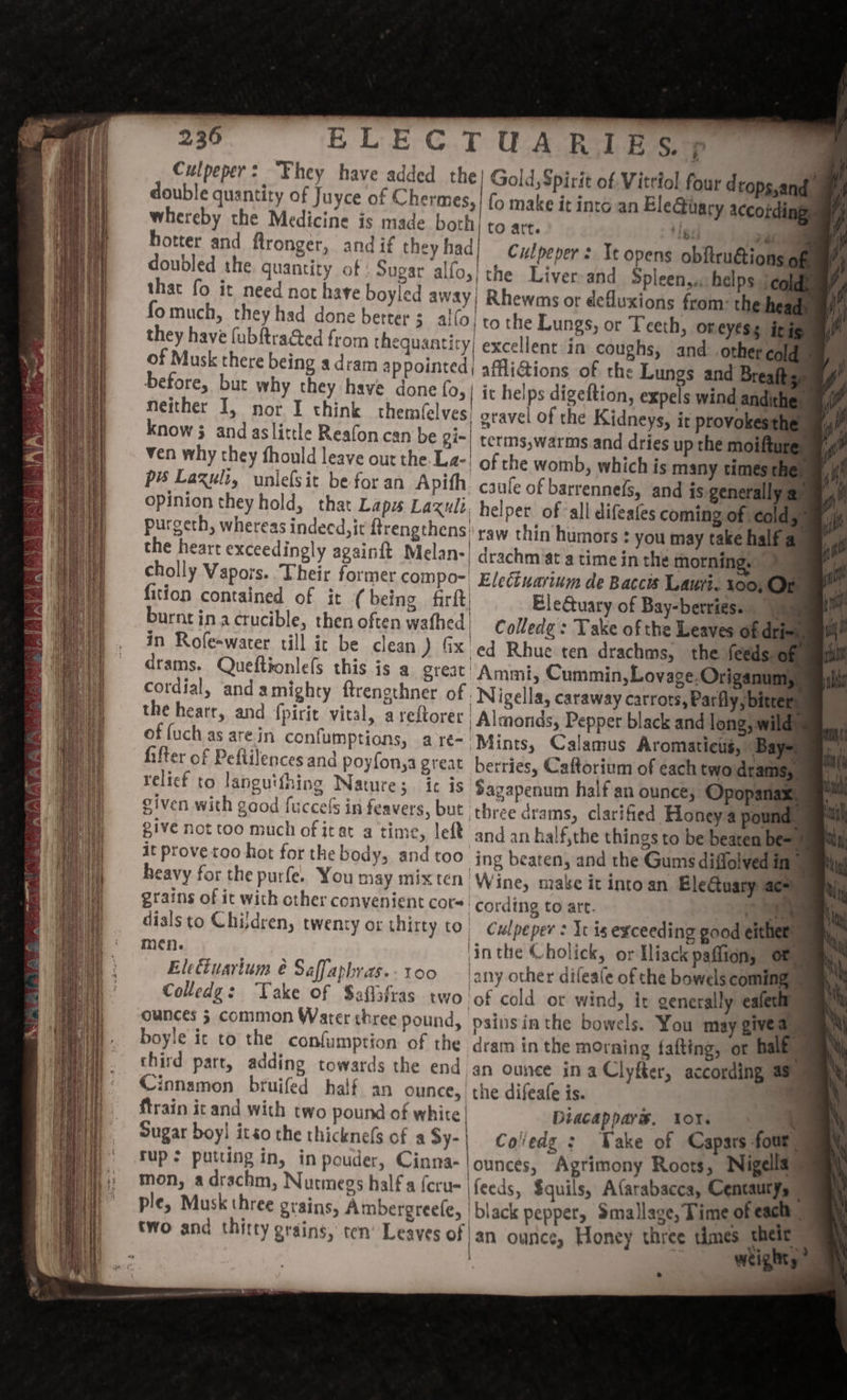 Culpeper: They have added the} Gold, Spirit of Vitriol four dropsya d double quantity of Juyce of Chermes,| fo make it into an EleGuary Accoiding whereby the Medicine is made both to att. Ved oa hotter and flronger, and if they had Culpeper 2 Te Opens obftruétions - doubled the quantity of : Sugar alfo,} the Liver-and Spleen,... helps seal thac fo it need not have boyled away | Rhewms or defluxions from: the hear fo much, they had done better ; ailo} to the Lungs, or Teeth, or eyess they have fubftra@ed from thequantiry| excellent in coughs, and. other cole of Musk there being a dram appointed) affli@ions of the Lungs and Bre: ft before, but why they have done (o5| ic helps digeftion, one wind andith neither I, nor I think themfelves! oravel of the Kidneys, it provokestt know 5 andaslittle Reafon can be gi- tcrms,warms and dries up the moiftur ven why they fhould leave out the La-! of the womb, which is many times che pis Lazuli, unlelsit befor an Apith caufe of barrennels, and is generally opinion they hold, that Lapis Laxult, helper. of ‘all difeates coming of cold. purgeth, whereas indeed, it ftrengthens) raw thin humors : you may take half a the heart exceedingly againft Melan- drachm at atime in the morning. » cholly Vapors. Their former compo~ Electuarium de Baccis Laut. 100, OE fition contained of it ( being firft EleGuary of Bay-berrigs. 9 burntjina crucible, then often wafhed | Colledge : Take of the Leaves of dri: in Rofe-water till it be clean ) Gx ed Rhue ten drachms, the feeds o drams. Queftionlefs this is a great’ Ammi, Cummin, Lovage, Origanum cordial, and amighty ftrenethner of Nigella, caraway carrots, Parfly, bitrer the heart, and fpirit vital, areltoretr Almonds, Pepper black and long, wile of fuch as are in confumptions, a re- ‘Mints, Calamus Aromaticus, Bay- fifter of Peftilences and poyfon,a great berries, Caftorium of each two drams, relicf to languifhing Nature; ic is Sazapenum half an ounce, Opopana: given with gaod fuccels in feavers, but three drams, clarified Honeya pound DIVE not too much of it at @ time, left and an half,the things to be bearen oe it prove too hot for the body, and too ing beaten, and the Gums diffolved im heavy for the purfe. You may mix ten ‘Wine, make it into an EleGuary ce grains of it with other convenient cor ‘cording to art. a dials to Children, twenty or thirty to) Culpeper : Weis exceeding good either men. inthe Cholick, or Iliack paffion, Of Eletiuartum é Saffapbras.. 100 — |any other dileate of the bowelscom ng Colledg: Take of $aflafras two of cold ot wind, it generally ealectt ounces 5 common Water three pound, painsinthe bowels. You may give a boyle ic to the confumption of the dram inthe morning fafting, ot hi - third part, adding towards the end an ounce ina Clyfter, according a8) Cinnamon bruifed half an ounce, the difeafe is. ftrain it and with two pound of white | Diacappari®, YOY. «| Sugar boyl itéo the thicknels of a Sy-| Coledg : Wake of Capars four rup: putting in, in pouder, Cinna- | ounces, Agrimony Roots, Nigella ® mon, adrachm, Nutmegs half a {cru feeds, Squils, Afarabacca, Centautys ple, Musk three grains, Ambergreele, | black pepper Smallage, Time of each a two and thirty grains, ten’ Leaves ofan Ounce, Honey three times their weighty &gt;