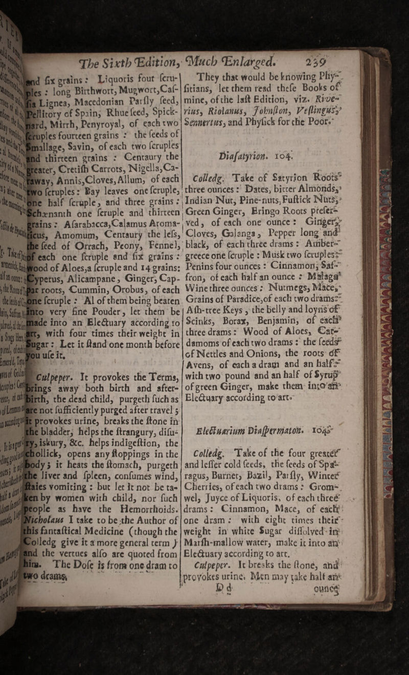 Liquoris fout feru- Mupwort,Cal- Parfly feed, d fix grains: es: long Birthwort, p Lignea, Macedonian &amp; é silitory of Spain; Rhue feed, Spick- ples fourteen grains : the feeds of id thirteen grains : Centaury the Way, Annis,Cloves, Allum, of each Ofcruples: Bay leaves one {cruple, henanth one {eruple and thirteen Sins: Afarabicca,Calamus Aroma- cus, Amomum, Centaury the lels, e feed of Orrach, Peony, Fenne), each one fcruple and fix grains : Amo: 4 tbe Rooy ef theledalty tin, Sa, ie oan 4 A He pit, oft i ypetus, Alicampane, Ginger, Cap- it roots, Cummin, Orobus, of each he fcruple : Al of them being beaten ito very fine Pouder, let them be lade into an Eletuary according to 5 with four times their weight in agar: Let it ftand’one month before esol Gud nl it thts uf Least ga i | jie ing 8) ci i , pas A ie ait pt / ‘Culpeper. Ic provokes the Terms, ings away both birth and after- fe not fufficiently purged after travel 5 provokes urine, breaks the ftone in ae bladder; helps the ftrangury, difu- siskury, &amp;c. helps indigeftion, the follick, opens any floppings in the Ody it heats the ftomach, purgeth ie Jiver and {pleen, confumes wind, faies vomiting : but let it not be tas mi by women with child, nor fuch icholaus 1 take to be :the Author of lis fantaftical Medicine (though the olledg give it amore general term ) id the vertues alfo are quoted from Much Enlarged. 239 They that would be knowing Phy=. fitians, let them read thefe Books of” mine, of the laft Edition, viz. Rive~ vius, Riolanus, Fobniton, Veflingus;’ Sennertits, and Phyfick for che Poors” Diafatyrion. 104. Colledg, Take of Satyrion Roots” ‘three ounces: Dates, bitcer Almonds: Indian Nut, Pine-nuts, Fuftick Nuts5° Green Ginger, Eringo Roots ptefer+ ved, of each one ounce: Ginger,» ‘Cloves, Galangs, Pepper long and* ‘black, of each three drams &gt; Amber greece one [cruple : Musk two {crupless~ Penins four ounces : Cinnamon; Saf fron, of each half an ounce « Malaga’ Winethree ounces’; Nutmegs, Mace,” Grains of Paradice,of each two drams2”. Ath-tree Keys , the belly and loyns of Scinks, Borax, Benjamin, of eacit three drams: Wood of Aloes, Cat-’ damoms of each two drams :’ the feeds” of Nettles and Onions, the roots: of Avens, of eachadragi and an half&gt; with two pound and an half of Syrup” of green Ginger, make them: ino’ati* Electuary according to’arte Eleétuavinm Diafper maton. 04s Colledg. Take of the four greacéi® and leffer cold feeds, the {eeds of Spa ragus, Burner, Bazil, Parfly, Wintec Cherries, ofeach two drams : Grom-= wel, Juyce of Liquoris, of each threé drams: Cinnamon, Mace, of each’: one dram: with eight times their: weight in white Sugar diflolved:iry Marfh-mallow water, make it into aty Ele&amp;uary according to art. | Culpeper. \t breaks the ftoné, and provokes urine, Moen may yake halt art P L) d 6 tg os OUR