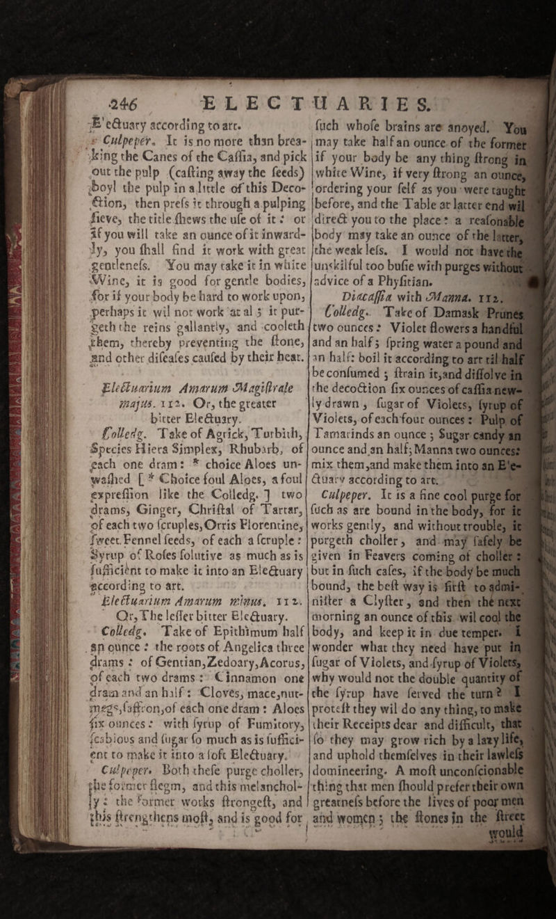 246 ELECT E'eQuary according to are. © Culpeper. It isno more than brea- king the Canes of che Caffia, and pick out the pulp (cafting away the feeds) ‘boy! the pulp in alittle of this Deco- Gion, then prefs it through a pulping Sieve, the title thews the ule of its ot af you will take an ounce of it inward- Jy, you fhall find it work with great gentlenefs. ‘You may take it in whire Wine, it ig good for gentle bodies, for if your body be hard to work upon, perhaps ic wil not work ‘at al 3 tr put- verh the reins gallantly, and cocleth. them, thereby preventing the ftone, and other difeafes caufed by their heat. 3 Eleéluartum Amarum Magiltrale paajus. 112. Or, the greater bitter EleGuary. Lolledg. Take of Agrick, Torbith, ‘Species Hiera Simplex, Rhubarb, of each one dram: * choice Aloes un- washed [ * Choice foul Aloes, afoul eyprefiion like the Colledg. ] two drams, Ginger, Chriftal of Tartar, of each two (cruples, Orris Florentine, {weer Fennel feeds, of each a {cruple: Syrup of Rofes folutive as much as is fufficiént to make ic into an Ele@uary according to art. Blefluarinm Amarum winus, 112. ~ Or, The lefler bitter BleQuary. | Colledg. Take of Epithimum half sp ounce &gt; the roots of Angelica three drams : of Gentian, Zedoary,Acorus, of each two drams.:» Cinnamon one dram and an half: ‘Cloves, mace,nut- megs, laftron,of each one dram: Aloes fix ounces: with fyrup of Fumitory, icabious and (ugar fo much as is fufici ent to make it mnto aloft Ble@uary. - Culpeper Both thefe purge choller, he former flegm, and this melanchol- iy the former works ftrongeft, and this ftrengthens moft, and is good for WARITES. fuch whofe brains are anoyed. You ‘may take halfan ounce of the former. \if your bedy be any thing ftrong im: jwatee Wine, if very ftrong an ounce, 4 &gt; 4 J st¢ a J a lunskilful too bufie wich advice of a Phyfitian. Z- Diacafia with Manna. 112.5 Colledg.. Take of Damask Prune two ounces? Violet flowers a hand and an half; {pring water a pound ame in half: boil it according to art cil hab beconfumed ; ftrain it,and diflolve the decoction fix ounces of caffianews Violets, of exch'four ounces : Pulp of Tamarinds an ounce ; Sugar candy an ounce and_an half; Manna two ouncess mix them,and make them into an Be Cuary according to art, Culpeper. It 1s a fine cool purge for (uch as are bound inthe body, for it works gently, and withouttrouble, at purgeth chollfer, and. may fafely be given in Feavers coming of chollers but in fuch cales, if the body be much nifter a Clyfter, and then the ext morning an ounce of this. ‘wil coal the: body, and keep it in due tempers &amp; wonder what they need have put if) (ugar of Violets, and fyrup of Violets, why would not the double quantity Of” the fyrup have ferved the turn?” proteft they wil do any thing, to make their Receipts dear and difficult, that) (o they may grow rich by slay and uphold themfelves in their lawlels domineering. A moft uncon(cionable thing that men fhould prefer theit owit greatnels before the lives of pooy mem and women the ftonesin the Rtect - ‘ ng a