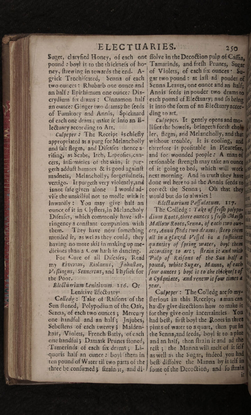 ELECTUARIES. 1som Suger, claryfied Honey, of each one flolve in the Deco€ion pulp of Caffigs pound + boy! it to the thicknefs of ho- Tamarinds, and frefh Prunes; Sug ney, ftrewing in towards theend. A- | of Violets, of each fix ounces: §f orick Trochifcated, Senna of each | gar two pound: at laft ad pouderg two ounces ° Rhubarb one ounce-and | Senna Leaves, one ounce and am falfs an half: Epichimum one ounce: Dis- | Annis feeds in pouder two dramg crydium fix dvams: Cinnamon half each pound cf EleGuary; and fo bring an ounce: Ginger two dramsjthe feeds | it into the form of an Electuary acee cot of Fumitory and Annis, Spicknard | ding to art, sae of each one dram; make it into an B- | Culpeper. It gently opens andmos leGuary sccording ro Art. lifes the bowels, bringech forth ehe Culpeper? The Receipt ischiefly jler, flegm, and Melancholly, and th appropriated as a purg for Melancholly without trouble, Ie is cooling, an and falc fegm, and Difeafes thence a- | therefore is profitable in Pleurefie rifing, 4 as Scabs, Itch, Leprofies,can- ‘and for wounded people: A man ¢ cers, inficmities of the skin, it pur- Bite: ftrength may take an our geth adduft humors &amp; is good again{t | of it going to beds which: will ow ounce of it in Clyfters,in Melancholy | The Colledg: Take of fre me Difeates, which commonly have aft- | diam Raots,three ounces 5 fifo M ringency g conftant companion. with | Mallow Roots,Senna, of each twoo them. They have now fomething | evs, Annis (Peds two aranes a mended ir, as welas they could, they | all in aglaxed Velfel wm a fuffi baving no more skil in making up me-| gudntity of {pring water, boyl: the dicines than a (ow hath in daniel ing. | according to art; ftrain tt ate tl For Cine of all Difeafes, Read| Pulp of Ratfons of the Sui balf &amp; my Rivers, Riol. ants Fobnlton, pound, white Sugar, Manna, of eat Ve flings, Sédncvoss ,and Phyfick for | four ounces 5 boyl it to the chickne/s of the D608. | : a cydoniate, ‘and renew it four times 4 Eledinavinm Lenitivum. 116. Ov | year. 4 Lenictive BleQuary: | Culpeper: The Colledg arefo n Colledge: Take of Raifons of the | ferious im this Receipts aman c Sun ftoned, Polypodium of the Oak, j hardly give direGions how to a i Senna, of each two ounces ; 5 Mercury | for they giveonly iacertainties. one handful and an half; Jnjubes, | had beft, firft boyl the Rootsin ie Sebeltens ‘of each twenty 3 Maiden- | pints of water to aquart, then publ hairy Violets, French Barly, ofeach | the Senna,and feeds, boyl i ic ro. api one handful} Damask Prunes ftoned, | and an half, chen {train it and ad t Tamerinds of each fix drsms; Li- | relt ; the Manna will meleof at el quoris half an ounce: boyl ‘them in | as Tail as the Sugar, indeed you h ten pound of Water til two parts ol the | beft diffolve the Manna by it lf three be confumed 3 {train it, and di-/ fome of the Deco&amp;ion; — fof