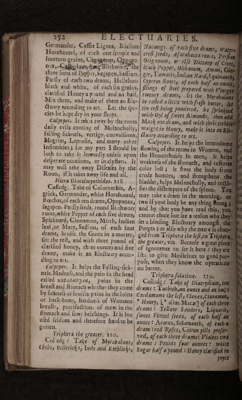 Germander, Caffia Lignea, Bdellum| Natmegs. of each five drams, Wateye Horehound, ef -each one {cruple and| cref. feeds, Afarahacea 100(S5 Perfian fourteen grains, Cigrginon, Oppops Diiganum, or fe Dittany of Creel nix, -Caherivmnytong Birchworty the} black Pepper, Olibanum, Ammi, Gig three forts of Pepper, 2azapen,eaficon,| ger, Lamaris, Indian Nard; guinanth Parfly of each two drams, Hellebore Cyperus Rootsy of each half an ounté, black and. white, of each fix grains, | filings of feel prepared with Vineger clarified Honey a pound and an half, twenty dramsy, . let the Myrobalans Mix them, and make of them an Ele-| be rofted alittie with frefh butter, let Cuary according ro art. Lec. the {p:-} the ref? being poudered, be {prinkled cies be kept dry in your fhops. with Oyl of (weet Almonds. then; id Culpepere \ttak:s away by the roots! Musk ove. dram, and with their trebbh daily evils coming of Melancholly,| waighe in Honcy, make tt into an Ele falling-ficknefs, vertigo, convulfions, | éiuary according to art. ) a Megrim, Leprofie, and many. other! Culpeper. It helps the immoderate infirmities; for my part I fhould be| flowing of the terms in Women, end Joth to. take it inwardly unlels upon| the Hemorrhoids in men, it helps defperate occafions, or inclyfters. It! weaknels of the fiomach, and reftore may well take sway Difeafes by the} color loft; it frees the body fron Roots, if ittakes away lifeand all, | crude humors, and ftrengthens:. the Hiera Diacolocynthidos. 118 bladder, helps Melancholly, and rectis Colledg. Take of Colocynthis, A-| fies the diftempers of the fpleen. You grick, Germander, white Horehound,' may take a dram inthe morning, . or {loechas,of each ten drams,Opopanax,| two if your body be any thing ftrong ¢ fagapen. Parfly feeds, round Bicthwort! and by cha: you have read this, you roots,white Pepper of each five dramsy cannot chule but {ee a reafon why. chey - Spicknard, Cinnamon, Mirrh, Indian’ fer a bindiug EleGuary amongit the leat ,or Mace, Saffron, of each four Purges 3-as alfo why the name is chan drams, bruife the Gums in a motter, ged from Triphera the lef,to Tripherg, fitt the relt, and with three pound of the greater; viz. Becaule a great piece clarified honey, three ounces and five of ignoranee to fer it here: they are | drams, make ic an EleCtuary acco: like to give Medicines to good pur= cing to art. | pole, when they know the operations Custpeper. Ic helps the Falling-fick-| no better, 3 | = nels, Madnefs,and the pain in the head| Vriphera folutive. t1g. called ueparerzit, pains in the} Colledgs Take of Diacrydinm, ten « breaft and ftomach whether they come’ drams : Larbith,an ounce and an bal{e9 by ficknefs or bruifes.pains in thelains; Cardamoms the les Cloves,Cinnamony © or back-bone, hardneis of Womans).* Honey, {* alias Macz] of each three ~ breafts, putrifactions of mest inthe drams: Yellow Sanders, Liquorisy flomach and fowr belchings. It is but’ {weet Fennel feeds, of each balf an ~ uled feldom and therefore hardto be| ounce: Acorus, Schenanth, of each @ gotten, dram ived Rofes, Citron pills prefers Triphera the greater. 110, ved, of each three drams: Violets two” Col'edg : Take of Myrobalanss' drams : Penids four odnces ¢ white Chebsy Bellericks, tnds and Emblicks; Sugar half a pound + Honey clarified in OS | RAL EAN | RE Ni coated WAN | fo | Wea | ee eS : Se oo } Pn rN ‘Atay ably Ke | Reece | Na | aed | aN | So TN SON OF ee oP WES Ge 4 as an ON TRE Ser Naa Ot i a ‘ \ ‘ ae .  a sent / PX . VA A &amp; IOV IN PY