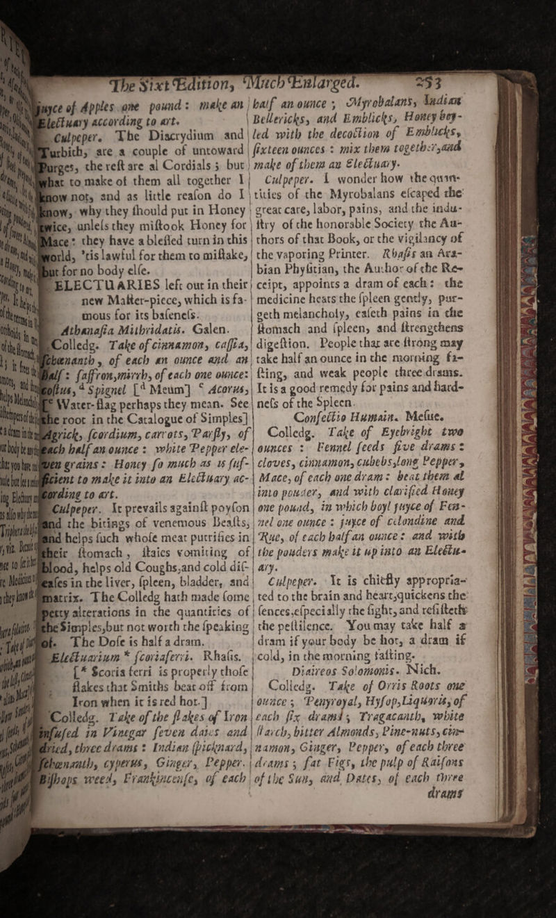 i iianyce of Apples.ane pound: make an | half anounce ; Myr obalans Tadea “i Eleftuary according to art. | Bellericks, and Emblicks, Honey wey - Mie. Culpeper. The Diacrydium and | led with the decoction of Embluks, urbith, are a couple of untoward | fixteen ounces : mix them togetbh:1,aud MPurges, the reft are al Cordials 3 but) make of them an Eletiuary. hat to make of them all together 1} Culpeper. 1 wonder how the quan- how not, and as little reafon do 1) tities of the Myrobalans elcaped the now, why they fhould put in Honey ; grear care, labor, pains, and the iadu- ice, unlels they miftook Honey for | itry of che honorable Society the Au- lace: they have a blefled turn in this | thors of that Book, or the vigilancy of orld, tis lawtul for them to miftake, | the vaporing Printer. Rhajis aa Ara- ut for no body elfe. | bian Phyfitian, the Auchor of che Re- PELECTUARIES lef: out in their) ceipt, appoints a dram of each: the new Matter-piece, which is fa- | medicine heats the {pleen gently, pur- mous for its bafenels. geth melancholy, cafeth pains ia che | Athanafia Mithridatis. Galen. | tomach and {pleen, and ftrengchens Colledg. Take of cinnamon, cafia,| digeftion. People thar ace ftrong may phenanth, of each an ounce and an| take half an ounce in the morning fa- if: {affron,mirch, of each one ounce: | fing, and weak people three drams. piws,* Spignet [4 Meum] ‘ Acorus,| It isa good remedy for pains and hard- Water- flag perhaps they mean. See| nels of the Spleen. phe root in the Catalogue of Simples] Confectio Haman. Melue. meagrick, (cordium, carrots, Parfly, of Colledg. Take of Eyebright two wimeach half anounce : white Pepper ele-| ounces t Fennel feeds five drams dgwen erains: Honcy fo much as 1 fuf-\ claves, cinnamon, cubebs,long Peppers ipcient to make it into an Elettuary ac-| Mace, of each one dram: beat them ab wading to art. into powder, and with clarified Honey Culpeper. Xt prevails again{t poyfon| one pouad, in which boyl suyce of Fen- id the bitings of venemous Lealts, | wed one ounce : juyce of cclondine and Band helps fuch whole meat putrifes in | Rue, of each balfan ounce: and with SMeheic ftomach, itaics vomiting of| the pouders make it up into au Eleéin- blood, helps old Coughs,and cold dif- | ary. Reales in che liver, {pleen, bladder, and} Culpeper. It is chiefly appropria- Omatrix. The Colledg hath made fome | ted to the brain and heart,quickens che: tty alterations in the quantities of | ences,e{pecially the fight, and refiiterty he Sisples,but not worth the {peaking | the peitilence. Youmay taxe half a of. The Dofe is half a dram. ‘dram if your body be hor, a dram if Blcituaium * {coviafervi. RhaGs. )cold, in the morning taiting. _ L* Scoris terri is properly chofe | Diaireos Solomonis. Nich. flakes that Smiths beat off from |