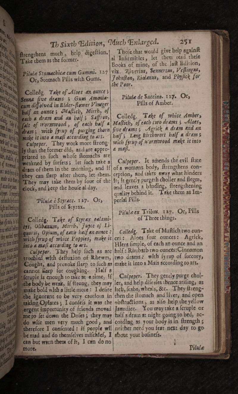 Th Sixth Edition, Much Enlarged. 251 rengthens much , help: digeftion.| “Thofe thar would give help againft ake chem as the former. al Infirmities, let them: read thele 7 Books of mine, of the Jait Eaitions : Pilule Stamachice cum Gummi. 127 \viz. Kiveris, Sennertus, Veflinguss ae Or, Stomach Pills with Gums. Fobn{tony Riolanus, and Phyfick for \ a the Poor. We Collede. Take of Aloes an ouvce 3 . , WeSenna fue drams 3 Gum Ama@ia- Pilute de Succine. 127. Ors 1m ‘if glued in Elder-flawer Vineger Pills of Amber. Weach a dram and ap baif 3 Saffror, Colledg. “Fake of white Ambers Yalt of Wormwood, of each half a| Maftich, of each two drams 3 Aloesy dram; with [yup of purging thorn five drams; Agrich m dram aid an. make it into amas according to art. baif Leng Birthwort half a dram § ‘Culpeper. They work more ftrong with fyrup of Wormwood make it into than che former did, andare appro-| 4 mas. Mtiated to fuch whofe fRomachs are eakned by furfets; ler fuch take a| Culpeper. Je athends the evil itate dram of them in the morning, and if] of a womans body, ftrengthens con- hey cam fleep after them, ter -them.| ception, end takes away what hinders S They may take them by four of the) fr; fr gently purgeth choller and flegm, clock, and keep the houfe al day. and leaves a binding, ftrengthening a uality behind it. Take them as Im- Pilula ¢Styrace. 127» Ory |perial Pills. igh and ein . Pills of Styrax. to abudert ib fi Colledg. ‘Teke of Styrax ealami- ou ut Llane 295 Olibanum, Mirrb, Juyce of Li- ‘Was 1, anlel wteg4e! 43, Optwin, of excl baif an ounce : | Colledg. Take of Maftich two oun- pith [yup of white Poppies, make it\ces: Aloes four ounces: Agrick, Gnio 4 mals according fo wt. | Hiera fimple, of each an ounce and an We, Culpeper. Lbey help fuch as are) half: Riubsrb two ounces:Cianamon TWH troubled with defluxion of Rhewm, jtwo drams: with fyrup of fuccory, oughs, and provoke fleep to {uch as|make it into a Mais according to atte annot dleep for coughing. Half ¢| : ruple is enough to take ac atime, ff; Culpeper. They gencly purge chol- Pilule ex Vribus. 127. Or, Pills | of Three things. tii Wmetbe body be weak, if ftrong, they may ler, and help difeafes thence arifing, as * tg 1 0 ake bold with a lictle more: I defire itch, (cabs, wheals, &amp;c.. “They ttveng- [PM Nitetbe ignorant to be very cautious in'then the ftomach and liver, and open WM eetaking Opiates ; I confels it was the obftrufions; as allo help the yellow surgent importunity of friends moved | Jamndice. You may take a {cruple or Smeso fet down the Doles; they may half sdram at night going to bed, ace bdo wife men very much good, and cording, a5 your bos isin ftrength ; Mtherefore I confented: if people wil neither need you fear next day to go She mad and do themfelves mifchfef, 1 #bout your bufinels. )can but warn them of it, I cen dono ‘ More. Pilule = eae Sagres er a aa a Sa = artoater SS EE ee yg ee ue ees a a 5 te ! oS ‘ alt Posed | i) 4 ‘eas - ~ be e tS SES we ease SS Se -