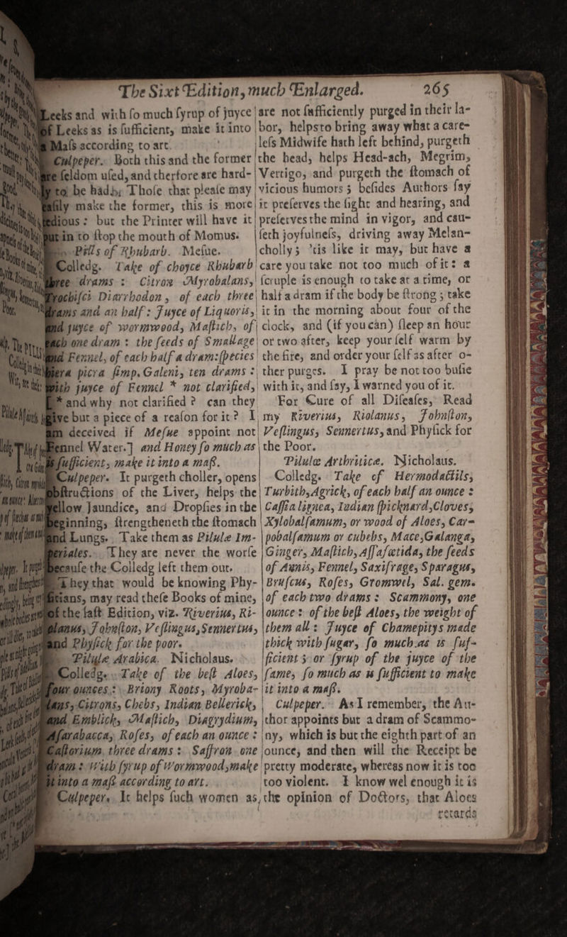 au The Sixt Edition, much Enlarged. marys seeks and with fo much [yrup of juyce |are not (ufficiently purged in their la- Leeks as is {ufficient, make itinto bor, helpsto bring away what a care- Mals according to art. | lefs Midwife hath left behind, purgeth Culpeper. Both this and the former |the head, helps Head-ach, Megrim, feldom ufed, and therfore are hard- i Vertigo, and purgeth the ftomach of ily make the former, this is more) ir preferves the fight and hearing, and bin to ftop the mouth of Momus: | {eth joyfulnels, driving away Melan- We Pills of Rhubarb. Miefue. Icholly; “tis like ir may, but have a dlledg. Take of choyce Rhubarb care you take not too much of it: a we drams : Citrox ‘Myrobalans, [cruple is enough cto take at atime, or gchifci Diarrboden, of each three\ halt adram if the body be ftrong ; take ams and an half: Fuyce of Liquoris,| icin the morning about four of the fh juyce of wormwood, Maftich, of | cock, and (if youcan) fleep an hour bone dram : the feeds of Smakage| or two after, keep your lelf warm by id Fennel, of each balf adram:(pecies' the fire, and order your {elf ss after o- ra picra fimp.Galent, ten drams : ther purges. 1 pray be nottoo bulie ith juyce of Fennel * not clarified, with ic, and fay, 1 warned you of it. *andwhy not clarified? can they ‘For Cure of all Difeafes, Read ve but a piece of a reafon forit? I, my Reveriws, Reolanus, J obutton, Mm deceived if Mefue appoint not! Veflingus, Sewnertus, and Phylick for wmennel Warer.] and Honey fo much as \ the Poor. nme uipecient, make it into a maf. | Pilule Artbruice. Nicholaus. Culpeper. It purgeth choller, opens| Colledg. Take ef Hermodattils; btructions of the Liver, helps the| Turbith,Agrick, of each balf an ounce : low Jaundice, and Dropfies in the | Caffta lirnea, Iedian fpicknard,Cloves; Binning, f{trengtheneth the ftomach | Xylobalfamum, or wood of Aloes, Car= id Lungs. Take them as Pilule Im- | pobalfamum or cubebs, Mace,Galanga, Meriales.. Chey are never the worle | Ginger, Maftich, Affafetida, the feeds ecaule the Coiledg left them out. of Anis, Fennel, Saxifrage, S paragus, Dheythat would be knowing Phy- | Bru/cus, Rofes, Gromwel, Sal. gem. fans, may read thefe Books of mine, |of eachtwo drams: Scammony, one the faft Edition, viz. Riverins, Ri- |ounce? of the beft Aloes, the weight of Wplanus, F obalton, Veflingus,Sennertus, \them all: Fuyce of Chamepitys made mand Phyfick for the poor. jebick with fugar, fo much.as wu fuf- i Lilyle Arabica. WNicholaus. ficient 3 or [yrup of the yuyce of the Molledg.. Take of the beft Aloes, fame; fo much as w fuffictent to make ir ounces: Briony Roots, Myroba- \it into a maf. ms, Citrons, Chebs, Indian Bellerick, | Culpeper. AsI remember, the Au- d Emblick, Maftich, Diagrydinm, |\chor appoints but adram of Scammo- tfarabacca, Rofes, of each an ounce : ny, which is but the eighth part of an alhoriuga, three drams: Saffron one ounce, and then will the Receipt be am: With [yup of Wormwoodsmake pretty moderate, whereas now it is too into a mafs according to art. ‘too violent. know wel enough it is PCulpeper, Ic helps {uch women as,the opinion of Doors, thar Aloes iy 4 é: 7 retards } a et ‘ — Ste Se zt