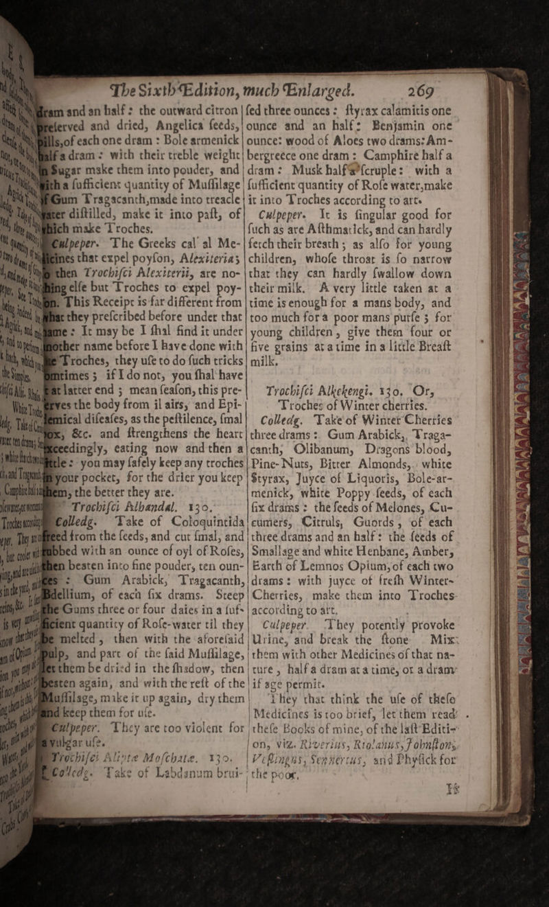 fam and an half: the outward citron | fed three ounces: ftyrax calamitis one ferved and dried, Angelica feeds,| ounce and an half: Benjamin one Ils,of each one dram : Bole armenick | ounce: wood of Aloes two drams:Am- fadram: with their treble weight) bergreece one dram : Camphire half a Sugar make them into pouder, and| dram: Musk halfa*{cruple: with a ha fufficient quantity of Muffilage! fufficient quantity of Rofe water,make um Tragacanth,made into treacle} it into Troches according to atte fer diltilled, make ic into paft, of| Cwlpeper. It is fingular good for hich make ‘l’roches. fuch as are Afthmatick, and can hardly Culpeper. The Greeks cal al Me-|ferch their breath; as alfo for young fines that expel poyfon, Alexiteria; | children, whofe throat is fo narrow then Trochifcr Alexiterii, are no-\that they can hardly {wallow down ing elfe but Troches to expel poy-|their milk. Avery little taken at a im. &amp; his Receipt is far different from | time is enough for a mans body, and nat they prefcribed before under that] too much fora poor mans purfe 5 for ime &gt; It may be I fhal find it under| young children, give them four or ymmother name before I have done with/ five grains atatime ina little Breaft ‘Troches, they ufe to do fuch tricks] milk, mtimes 5 if I donot, you fhal-have Pat iatter end ; mean feafon, this pre-| Tvachifci Alkekengi. 130, Or, Whie'T ip SEVES the body from il aits, and Epi- ‘Troches of W inter cherries. . My Tite imical difeafes, asthe peftilence, {mal] Colledg. Take of Winter’ Cherries ee ae SSSA SN a SS oe cena kite mre} tf Mmcecdingly, eating now andthen alcanth, Olibanum, Dragons blood, bie ch tle: you may fafely keep any troches| Pine- Nuts, Bicrer Almonds,.. white had T a your pocket, for the drier you keep | $tyrax, Juyce of Liquoris, Bole-ar- Caophichiittiiem, the better they are. menick, white Poppy -feeds, of each fennel” Trochifci Albandal, 130. Gx drams : the feeds of Melones, Cu- Tomuniimecoledg. Lake of Coloquintida|cumers, Citruls, Guords, ‘of each ue Thy ana d from the feeds, and cut fmal, and| three drams and an half: the feeds of “bt cnt bed with an ounce of oy! of Rofes, | Smallage and white Henbane, Amber, + igidiemen beaten into fine pouder, ten oun-| Barth of Lemnos Opium, of each two ees &gt; Gum Arabick, Tragacanth,!drams: with juyce of frefth Winter~ Mellium, of eacn fix drams. Steep | Cherries, make them into ‘Troches- Goms three or four daies in a {uf+| according to att, ; pient quantity of Rofe-water til they| Culpeper. They potently provoke fe melted, then with the atorelaid | Urine, and break the ftone © Mix: mip, and part of the {aid Muflilage, | rhem with other Medicines of that na- them be dricd in the fhadow, then | ture, halfa dram ata ume, ot a drany sten again, and with the reft of the! if sge permit. fuffilage, make ic up again, dry them | ‘Vhey that think the ule of thefe id keep them for ule. | Medicines istoo brief, let them read . Culpeper. Uhicy are too violent for thefe Books of mine, of the laft'Bditi- Vulgar ufe. jon, viz. Riverias, Rtolanws, 7 obnftons ener la fa; Lf ya {pl yes | 7M raya P4 \ | Trochife: Alipte Mofchate. 139. |Vcfingus, Sernertus, and Phitick for } tise . ” ' 1 7 : Covedy. Yake of Labdsnum brui-: the poor, * / ss