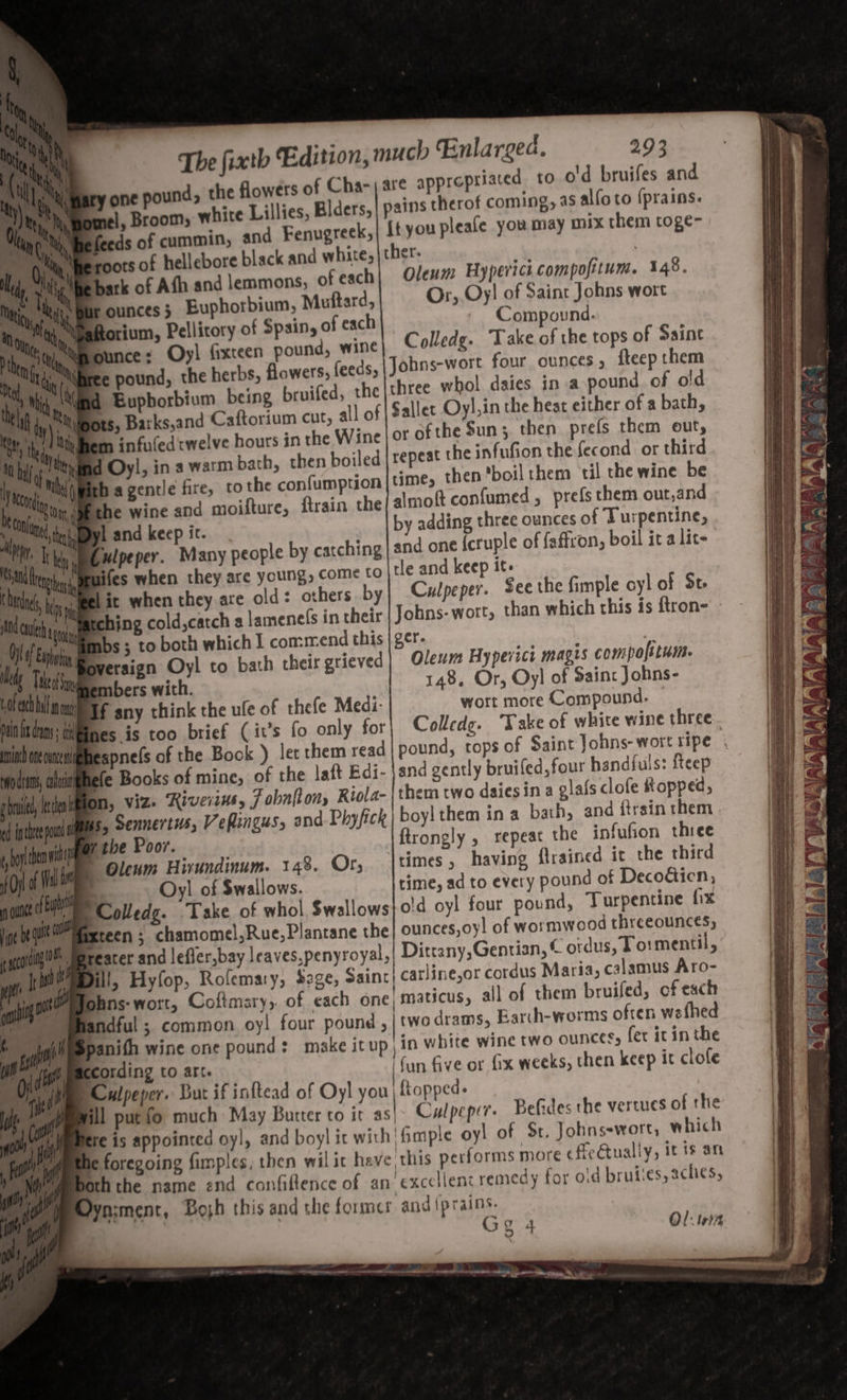 The fixth Editio the flowers of Cha- hite Lillies, Blders, and Fenugreek, black and white, ns, of each Muftard, of each one pound, | .. Broom, w feeds of cummin, wbark of Afh and lemmo ounces; Euphorbium, WaRorium, Pellicory of Spain, ounce: Oy! fixteen pound, wine e pound, the herbs, flowers, feeds, 1 Euphorbium being bruifed, the all of wm infuled twelve hours in the Wine 4 Oy!, in a warm bath, then boiled hagentle fire, tothe confumption i to ech al rhe wi bo ja ounce py l and keep ic. ulpeper. Many people by catching ifes when they are young, come to others by ching cold,catch a lamenels in their abs ; to both which | commend this byeraign Oyl to bath their grieved smbers with. Tf any think the ule of thefe Medi- hes is too brief (it’s fo only for apnefs of the Book ) let them read efe Books of mine, of the laft Edi- bn, viz» Riverine, f obnftony Riola- Phyfick 7 the Poor. Olenm Hirundinum. 148. Or, &amp; Oy! of Swallows. Colledg. Take of whol Swall OWS eater and lefler,bay leaves,penyroyal, : . * panifh wine one pound: make itup, cording to art. | fill put fo much May Butter to it as te is appointed oyl, and boyl it with, ie foregoing fimples, then wil it have, both the name end confiftence of an Dyn;ment, Bosh this and the former a “Or ewe. on ~~ — oe oe 293 are appropriated to od bruifes and pains therof coming, as alfoto {prains. {tyou pleafe you may mix them toge~ ther. | Oleum Hypevici.compofitum. 148. Or, Oy! of Saint Johns wort | Compound. Colledg. Take of the tops of Saint Johns-wort four ounces, fteep them three whol daies in a pound of old Saller Oy!,in the heat either of a bath, or ofthe $un; then prefs them out, repeat the infufion the fecond or third time, then*boil them til the wine be almoft confumed , prefs them out,and by adding three ounces of Turpentine, and one {cruple of faffron, boil it a lit- tle and keep it: Culpeper. See the fimple oy! of St. Johns-wort, than which this is ftron- er. Oleum Hypevici magis compofstum. 148, Or, Oy! of Saint Johns- wott more Compound. Colledg. Take of white wine three. ound, tops of Saint Johns- wort ripe i ur handfuls: fteep lafs clofe Ropped, and ftrsin them P and gently bruifed,fo them two daiesina g boy! them in a bath, ftrongly , repeat the infufion thiee times , having (trained it the third time, ad to every pound of Decodicn, o!d oyl four pound, Turpentine fix ounces,oy! of wormwood threeounces, Ditrany, Gentian, © ordus, T o:mentil, line,or cordus Maria, calamus Aro- maticus, all of them bruifed, of each two drams, Barch-worms often wafhed in white wine two ounces, fer it in the Gun five or fix weeks, then keep it clofe ftopped- Culpeper. Befides the vertues of the Gmple oyl of St. Johns-wort, which this performs more cAcCtually, it is an excellent remedy for oid bruiies, aches, and (prains. Ol: trv