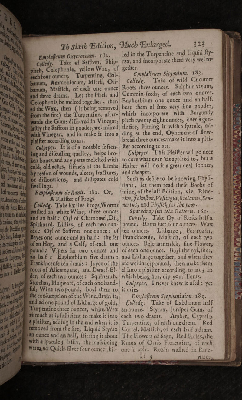 Emplaftrum Oxycroceum. 182. led in ue eR EpaS a8 HAP, Colledg. Take ef wee awe ae and incorporate them very sch. Colophonia, yellow Wax, of géetaer ae Bion Riis Turpentine Gal-, Emplaltrum Sicyontum. eee hanum, Ammoniacum, Mirrh, Oli- Colledg. Take of aoe ahaa Ibanum, Maftich, of each one ounce, Roots three ounces. Sulphur vivum, three drams. Let the Pitch and’ Cummin-feeds, of each two ounces. Colophonia be melred together , then Euphorbium one qunce and en half. Bd the Wax, then (icbeing removed beat them al into very fine pouder, om the fire) the Turpentine, after-| which incorporate with Burgunay Gwatds the Gums diffolved in Vinegar, | pitch twenty eight ounces, over a gen- Hlaftly the Saffton in pouder,wel mixed| tle fire, ftirring it witha {patule, ad- with Vinegar, and fo make it into a| ding at the end, Oynement of Sow- plsifter according to art. bread three ounces:make it into a plai- © Culpeper. Itisofa notable foften- | Ker according to art. — eich ) Sing and di(cuffing qualicy, helps bro-| Culpeper. This Plaifter wil go neer ken bones,and any parts molefted with | to cure what ever ’tis applied to, bur a Cold, old aches, {tifnefs of che Limbs| Halter wi!l do ic a great deal fooners by reafon of wounds, ulcers, fractures, | and cheaper. Or diflocations, and diffipates cold{ Such as defire to be knowing, Phyfi- tians, let them read thefe Books of mine, of the laft Edition, viz. Rive- ritts, J obalton,V « lingus, Riolantus,Sen~ Bayes one ounce and an half : of an Hog, and a Calf, ofeach one | ounces. Bole-armenick, fine Flower, pound: Vipers fat two ounces and | of each oneounce. Boyil the oyl, fuer, an half ¢ Euphorbium five drams : | and Litharge rogether, and when they Prankincenfe ten drams : Juyce of the | are wel incorporated, then make rhem mtoots of Alicampane, and Dwarf- El- jal intoa plaitter according to art 5 in der, of eachtwo ounces: $quinanth, | which being hor, dip your Tents. Stoechas, Mugwort, of each one band- | Culpeper. I never knew it uleds yer the comumption of the Wine, ftrain ity) © Exzplafran Stephaniaion. 183. pand ad one pound of Litharge of gold,' Colledg: Take of Labdanum half Turpentine three ounces, whice. Wax anounce. Styrax, Juniper Gum, of @5 much as is fufficient to make itinto each two drams. Amber, Cyprefcs 4 plaifter, adding in the end when ic is. Turpentine, ofeach onedram. Red femoved fromthe fire, Liquid Styrax | Corral, Maltich, of esch bslfa dram. an ounce and an half, ftirring icabout The Flowers of Sage, Red Rotes, the with a {patule 5 laftly, the mafs being Roots of Ocris Fioremtine, of each Se Ae See es oe ee —- oe oe = —= = 4 Pay in tesa Al :\ , !