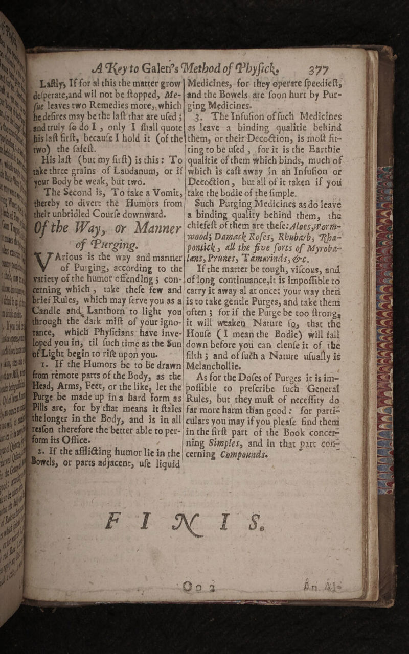 Laftiy, If for al this the matter grow | Medicines, for they operate {peedieft; de(perate,and wil not be ftopped, Me-j and the Bowels, are foon hurt by Pure fue leaves two Remedies more, wotet| ging Medicines. Rmehecenres may bethe laft that are ufed 3} 3. The Infufion of fuch Medicines @ndtruly fodol, only 1 fhall quote a leave a binding qualitie behind fis lait firit, becaufe I hold it (of the\them, or theirDecotion, is moft fir- two) the fafeit. iting to be ued, for it is the Barthie ) His laft (bur my firft) is this: To | qualitie of them which binds, much of make thtee crains of Laudanum, or if| which is caft away in an Infufion or yout Body be weak, but two. Decoftion, but all of it taken if you ) The Second is, To take a Vomit, | take the bodie of the fimple. rt thereby to divert the Humors from!’ Such Purging Medicines as do leave Wmetneit unbridled Courfe downward. /a binding quality behind them, the i Of the Way, or Manner chietett of them are thele: Aloes Wor ti- i) ae, : | wood; Damask Rofes, Rhubarb, Rba- .. of ‘Purging. | pontick , all the five fores of Myroba- Arious is the way and maniier|/ans, Pranes, Tamarinds, oc. SY of Purging, according to the) Ifthe matter be tough, vilcous, and Variety of the humot offending 3 con-|of long continuance,it is impoflible co metning which, take thefe few and/ carry it away al at once: your way then Wprief Rules, which may ferve you as ajis to take gentle Purges, afid take them Rance, which Phyficians have inve-|Houfe (1 mean the Bodie) will fall doped youin, til fuch time as the $un! down before you can clenfe it of the mot Light begin to rife upon you. filth ; and of {uch a Nature ufually is mt If the Humors be to be drawn Melanchollie. om remote patts of the Body, as the} As for the Dofes of Purges it is im- Purge be made up ina hard form as! Rules, but they muft of necefliry do Werils are, for by thar means it ftaies fat more harm than good: for parti= Prtelonger in the Body, and is in all) culars you may if you pleafe find them talon therefore the better able to pet-| inthe firt part of the Book concer ip tom its Office. ning Simples, and in that part cote Me 2. If the affliGing humor lie in the | cerning Compounds. ; : Meowels, or parts adjacent, ufe liquid