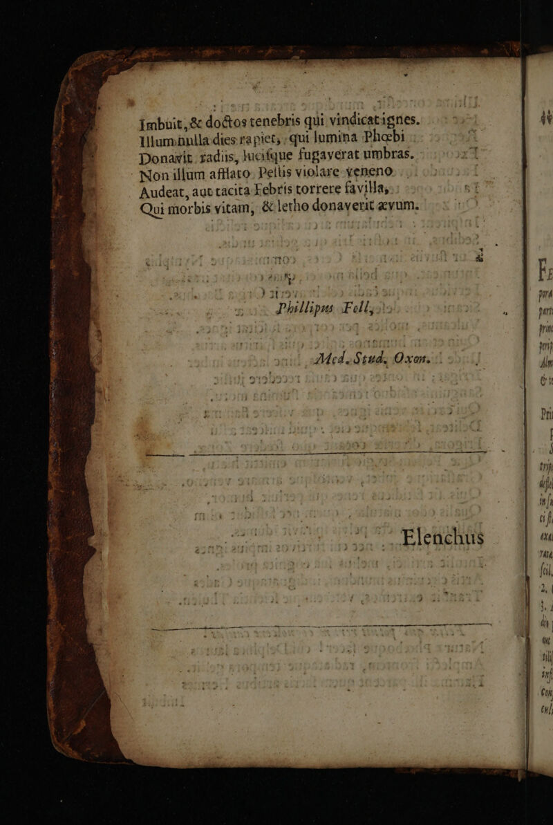 [mbüit,& doctos tenebris qui vindicatignes. lilumanila dies rapiet; ; qui lumina Phoebi Donaxit.. fadiis, lucifque fugaverat umbras. Non illum affíato- Pelus violare veneno Audeat, aut tacita Febris torrere favilla; Qui morbis vitam, & letho donaverit avum. j ; | iq Lidl: eli 10 | 3j p TtP ! b; Phillips Fell, Jo MEM Me ) Med. tud, Oxon. |... An ^ Elenchus