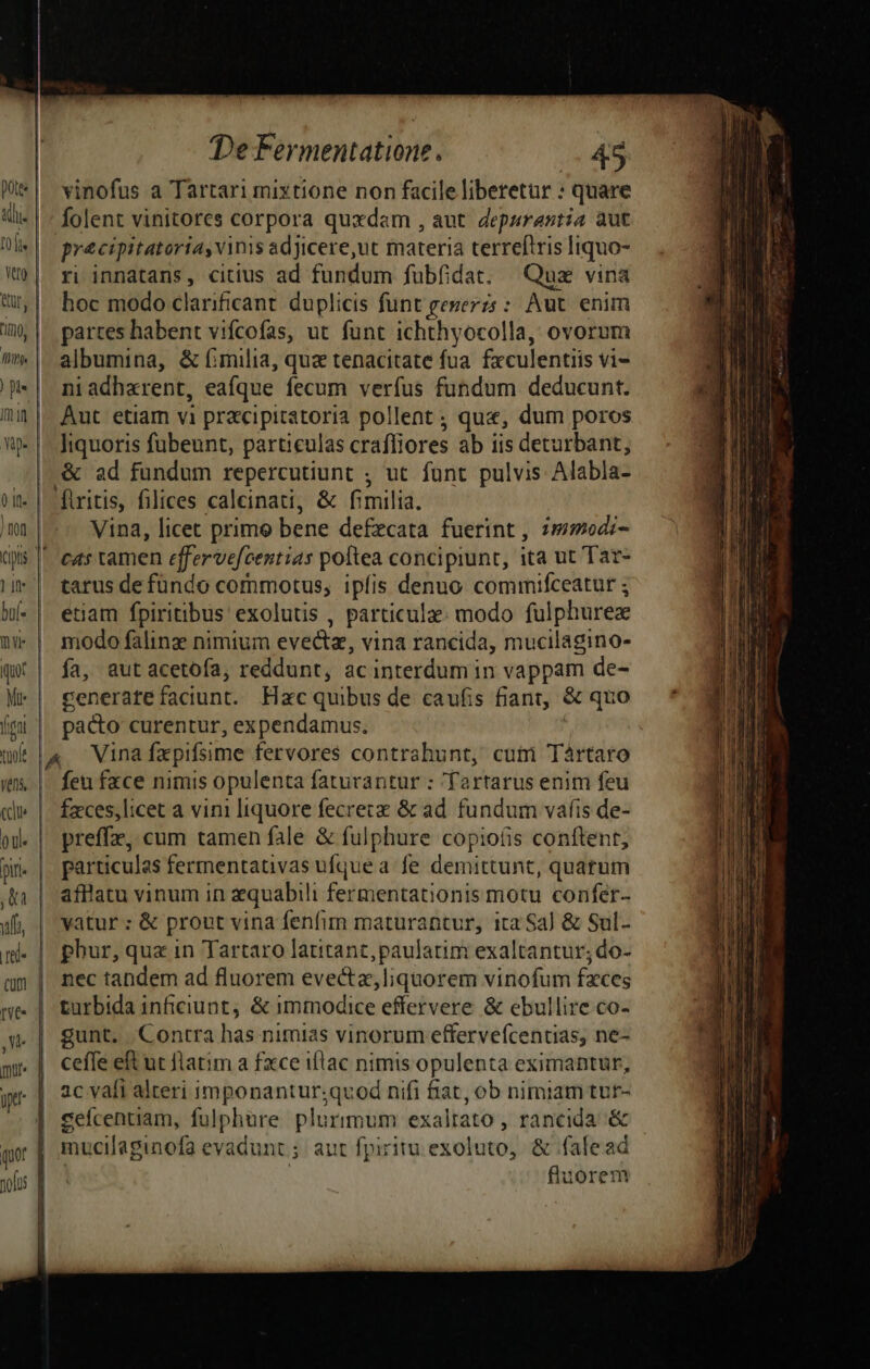 pott tl iine LI— Imi 0 it. | (iplis Mt tüolt Veni, Cc | ul. wf Cup t mile itt De Fermentatione, 45 folent vinitores corpora quxdam , aut depurastia aut precipitatoria, vinis adjicere,ut materia terreftris liquo- ri innatans, citius ad fundum fubfidat. ux vina hoc modo clarificant. duplicis funt gegerzs : Aut. enim partes habent vifcofas, ut funt ichthyocolla, ovorum albumina, &amp; fimilia, qua tenacitate fua. fxculentiis vi- niadharent, eafque fecum verfus fundum deducunt. | Aut etiam vi pracipitatoria pollent ; que, dum poros liquoris fubeunt, particulas crafliores ab iis deturbant, &amp; ad fundum repercutiunt ; ut funt pulvis Alabla- firitis, filices caleinati, &amp; fimilia. Vina, licet primo bene defzcata fuerint, 2mmodi- tarus de fündo commotus, ipfis denuo cominifceatur ; etiam fpiritibus exolutis , particula: modo fulphurez modo falinz nimium evectz, vina rancida, mucilagino- fa, aut acetofa; reddunt, acinterdum in vappam de- generate faciunt. Hac quibus de caufis fiant, &amp; quo pacto curentur, expendamus. : 4 Vina fzxpifsime fervores contrahunt, cum Tartaro feu fxce nimis opulenta faturantur : Tartarus enim feu | fzces,licet a vini liquore fecrecz &amp; ad. fundum vafis de- preffz, cum tamen fale &amp; fulphure copioáis conftent, particulas fermentativas ufquea fe demittunt, quarum afflatu vinum in zquabili fermentationis motu confer- vatur : &amp; prout vina fenfim maturantur, ita $a] &amp; Sul- phur, quz in Tartaro latitanc, paulatim exaltantur;do- | nec tandem ad fluorem evecta, liquorem vinofum faces turbida inficiunt, &amp; immodice effervere &amp; ebullire co- |! gunt. Contra has nimias vinorum effervefcentias, ne- ceffe eft ut flatim a fce if(tac nimis opulenta eximantur, | ac vali alteri imponantur;qvod nifi fiat, ob nimiam tur- cefcentiam, fulphure plurimum exaltato , rancida &amp; mucilaginof evadunt ; aur fpiritu exoluto, &amp; falead | fluorem