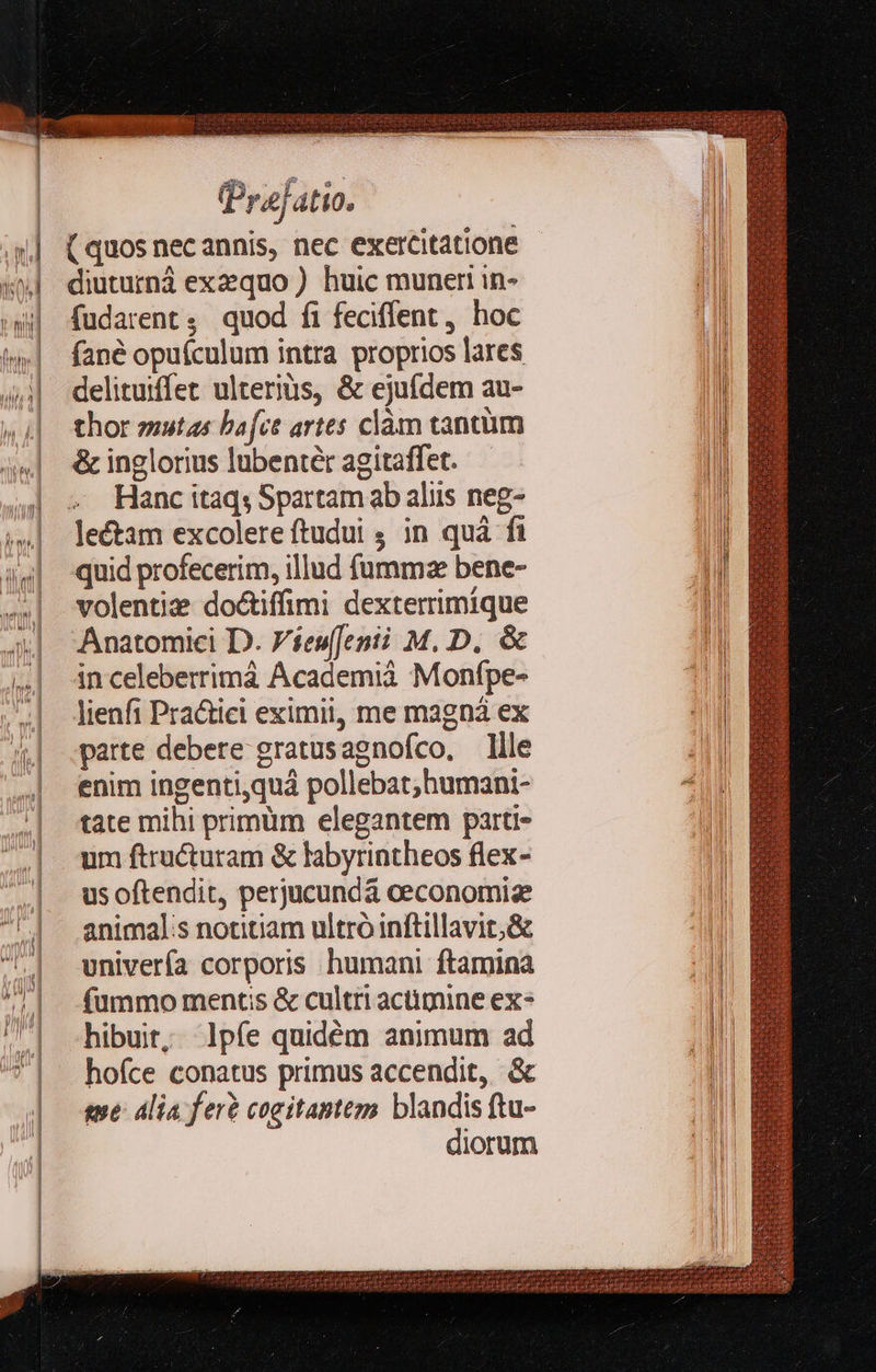   | nil 1 | UA iu DUM d 9 ' | V A T JN l ] 1 ovuh mmm 4 ; TAM A hf h, PTT] T Af AS. | | | |  (Prejatio. ( quos nec annis, nec exercitatione diuturná exaequo ) huic muneri in- fudarent ,. quod fi feciffent, hoc fané opuículum intra proprios lares delituiffet ulteriüs, &amp; ejufdem au- thor »utas bafct artes clàm tantüm &amp; inglorius lubentér agitaffet. Hanc itaq; Spartam ab aliis neg- lectam excolere ftudui ; in quà fi quid profecerim, illud fümmze bene- volentia&amp; do&amp;iffimi dexterrimique Anatomici D. Fiewjenii M. D. &amp; in celeberrimà Academii Monfpe- lienfi Practici eximii, me magni ex parte debere gratusagnofco, llle enim ingenti,quà pollebat;humani- tate mihi primüm elegantem parti- um ftructuram &amp; labyrintheos flex- us oftendit, perjucundà ceconomize animals notitiam ultro inftillavit;&amp; univería corporis humani ftamina fummo mentis &amp; cultri acümine ex» hibuit, lpíe quidém animum ad hoíce conatus primus accendit, &amp; sme: alia fer? cogitantem blandis ftu- diorum                        