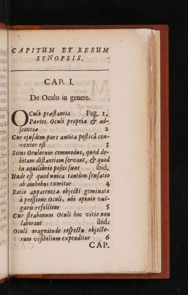 SICAPITUM ET RERUM $rNOPSIS.   Md DÓ————— uibem R DE: | | | CAP. I, De 'Oculo in genere. AU | à ES e 3 Culs-preflantia: Pag. x, ul Partes. Oculi proptia cy ad- | 2 un |o feititia sc a us (4| €ur eju(dem.pars antica po[Hica con- | c «txtor efh »4] Situs Qculorum commodus, quod de- «| .- bitam diflantiam (erant, c quod 4| dn equilibrio poft (mnt... Vnd,  ab ambobus exoritur ati0 apparentie objecfi gtmiuate à prej[aonie Oculi, ubi. opinio vul- | * 4| o gane refellitur «| Cur flrabonum. Oculi boc vitio non laborant... .- ibid« | | oculi magnitudo re(petfu. objecfo- | 9? e | trum vifibilium expenditur «... 6 LE C | e                   