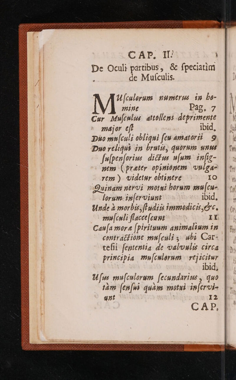 C AD, II. : De Oculi partibus, &amp; fpeciatim : de Muículis. frg s. P P EA e A. ROREM Med gt EA e MN V M [culorum numerus in be- mine pag, 7 Car Mu[culus. attollens deprimente major e[t ibid, Duo mn[culi obliqui [eu amatorii | 9 Duo reliqus in brutis, quorum unus fu[pen[orius dicus u[um. infiz- nem (prater opinionem. vulga- rtm?) videtur obtintre IO Quinam ntrui motai borum snu[cu- lorum. ig|erviunt ibid, Unde à morbisy[ludiis immaedicis ec. mu[culi flacce[cunt II Cau [a mor [pirituum animalium in contratfione mu[culi s ubi Car- | tefii feptentia. de valvulis circa principia mu[cwlorum | vejicitur ibid; Mus mu[culorum. [ecundarius , quo tàm [en[u quam motui in[ervi- qnt SOEUR AES SEINS HET QE ERERD MOS ETUDES !  $4 US Me S DUBRERGOG epo ipeo meii eH eius cett eee ttti 