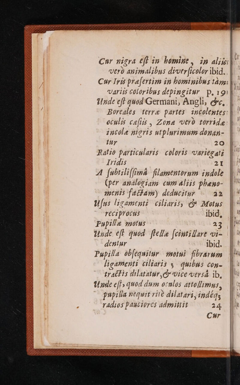 UuoCOR DIR, XT y AI we donee : xen: CN DOE SES is ui CE Y aic a ut. BLUE ANIM. op atus ab ps p^ E  * 3 T TET  —SDIPSBRAM TMMARIIIMNM 4 RP f JEUX SUADERE ERE ; sEALILAnSSY : &amp; 2i rit. SOME Sd Se CEERBRAR INI ata BUD REED vero animalibus divtr[icolor ibid. nde eff quod Germani, Angli ec, Boreales terre partes incolentes oculis Catus us. Zona vtrü torride 2ncole nieris utplurimum donan- Iuy 20 Ratzo particularis. coloris variegatz Iridis 21 A fubtili(fima filamenterum indole (per analogiam. cum aliis pbamo- menis fac£ap) deducitur 22 WÍus licamenti ciliaris; e Motus ^ TEciprocus ibid, Pupile motus 23 Made efl quod. flelle [cintillare vi- deniur Ibid. Pupilla ob[equitur. motui. fibrarum ligamenti ciliaris s. quibus £0n- tr actis dilatatur O vice Vtrsá ib, 0 nde e[f» quod dum oculos attollimus, pnpilla nequit rit dilatayi, indégs radios pauciores admittit 24           