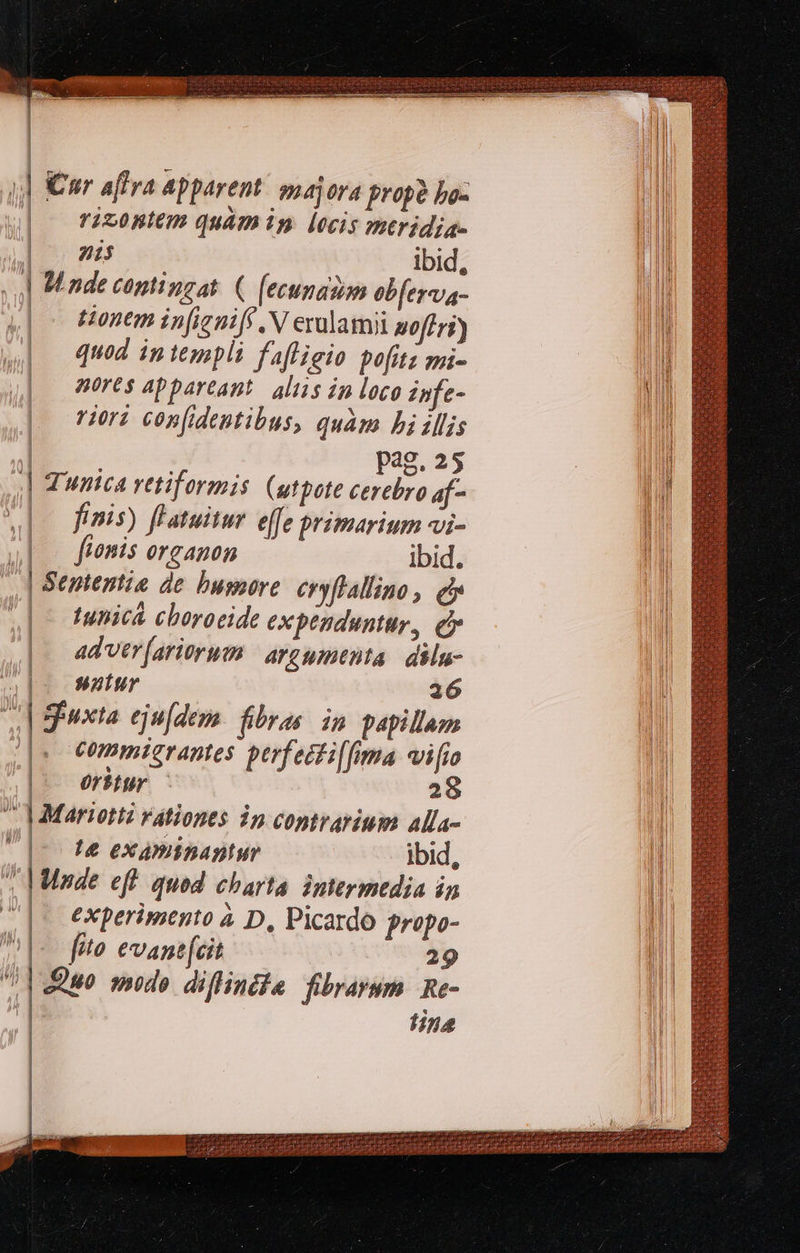    4d Cnr affra apparent! wnaj ora prop? bo- | fizonltm quàmip locis mtridia- | nis ibid, | li | 1 nde C051127 at ( [ecunadim ebferva- WEIT | |              tionem in[ieniff N eralamji soffri) VU quod intempli fafligio pofitz mi- M pores appareant. aliis in loco infe- iori confidentibus, quàm bi illis   E neas Jj |] Tunica retiformis. (utpote cerebro af- M 4p finis) flatuitur effe primarium vi- | o] fienis erganon ibid. | Sententia de bussore. eryflallino, e |- Iunicá chorocide expenduntur, e ad'ver[ariorum | argumenta. dilu- eb satur 26 s guxta ejuldem. fibras ip papillam | Commierantes perfecti[fima M | 2 | 0f Hur ! ^ MMariotti rationes ip contrarium alla- , |-- e examinaptur ibid, | Made eff qued charta. intermedia in a |o experimento à D, Picardo propo- ^| fite evant[eit 29 T | fina IM 