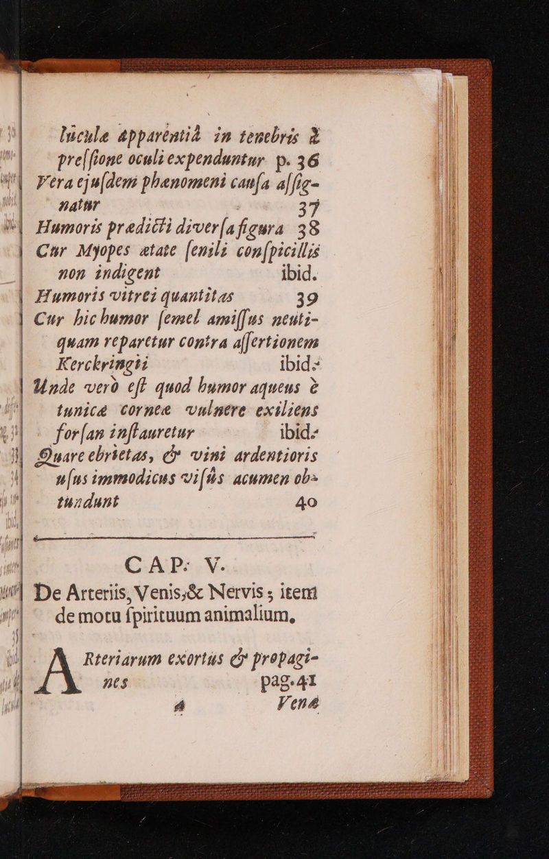                  lneule apparentiÀ im tenebris 8 pre[[fione oculi expenduntur. p. 36 «( Feraeju[dem phenomeni caufa a[fic- | atr | i 37 Humoris predicti diver(afiaura. 38 Cur Myopes atate [enila con[picillis non indieent ibid. | Humoris vitrei quantitas 39 | Cur. bic humor. (emel ami[fus neutz- | — quam reparttur contra ajJertionem Kerckringti ibid: 14 nde vero eff quod bumor aqueus à iunice cornea -vulmere exilzens for[an inflauretur ibid l| S uare ebrietas, C vini ardentioris s[us immodicus vi[us: acumen ob»  | —— ec   | tuadunt : 40 C A P: V. I/| De Arteriis, Venis;&amp; Wervis ; iteni | /| ^ demotu fpirituum animalium, p Rteriarum exortus dr propagi- H nts pag.41 á Venáé      