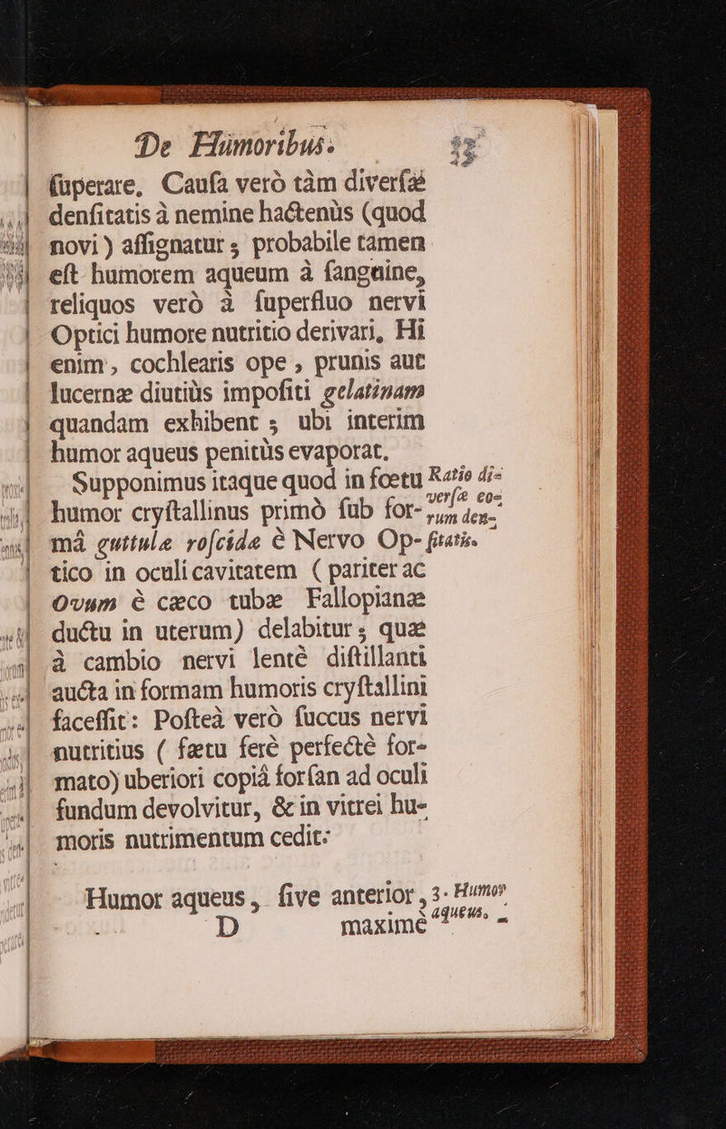    d  (üuperare, Caufa veró tàm diverf denfitatis à nemine ha&amp;tenüs (quod novi) affignatur s probabile tamen eft. humorem aqueum à fangaine, reliquos veró à fuperfluo nervi Optici humore nutritio derivari, Hi enim, cochlearis ope , prunis aut lucernz diutiüs impofiti gelatinam quandam exhibent ; ubi interim humor aqueus penitüs evaporat.            DON C queo.    tico in oculicavitatem ( pariter ac Ovum é ceco tube Fallopianz du&amp;u in uterum) delabitur, qua à cambio nervi lenté diftillanti aucta in formam humoris cryftallini faceffit: Pofteà veró fuccus nervi nutritius ( fatu feré perfecté for- mato) uberiori copiá forfan ad oculi fundum devolvitur, &amp; in vitre hu- moris nutrimentum cedit:   