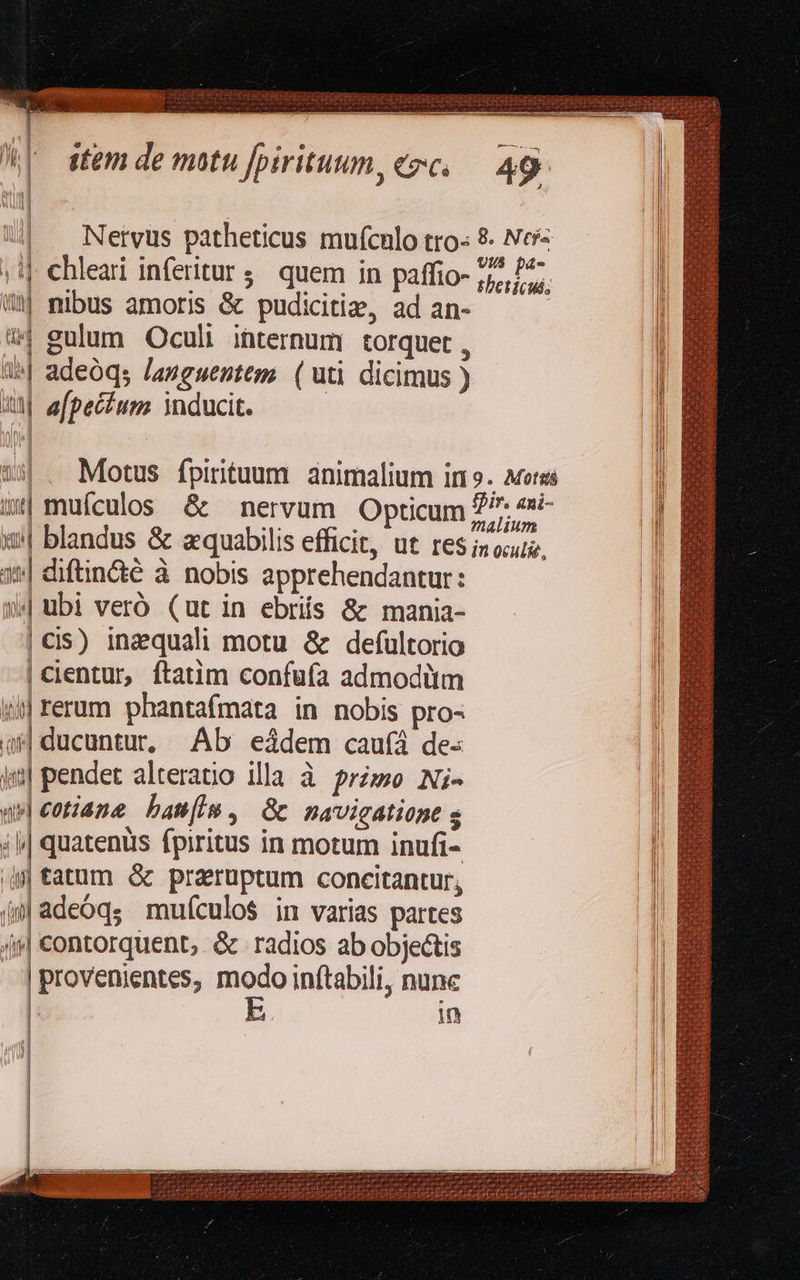       Netvus patheticus mufcnlo tro 8- Ner- 44 m A : Ui5 Dá- » i] chleai inferitur ^ quem in paffio- 755,77. uà mibus amoris &amp; pudicitiz, ad an- | 9 gulum Oculi internum torquet , à»| adeóqs languentem. (uti dicimus ) uM efpecium inducit. 3  *4|. Motus fpirituum animalium in». Areas 54 mufculos &amp; nervum Opticum 2 4 x^ blandus &amp; aquabilis efficit, ut res i» ous. 3»| diftin&amp;é à nobis apprehendantur: j| ubi veró (ut in ebríis &amp; mania- Cis) inzquali motu &amp; defultorio | cientur, ftatim confuía admoditm /4] rerum phantafmata in nobis pro- (| ducuntur, Ab eáàdem caufá de- ja] pendet alteratio illa à przwe Ni- ap cotiane basim, Gc mavigatiopt g i | quatenüs fpiritus in motum inufi- p| tatum &amp; praruptum concitantur; (9 adeóqs mu(culo$ im varias partes 4 contorquent; &amp; radios ab objectis | provenientes, me inftabili, nunc |. in                                 