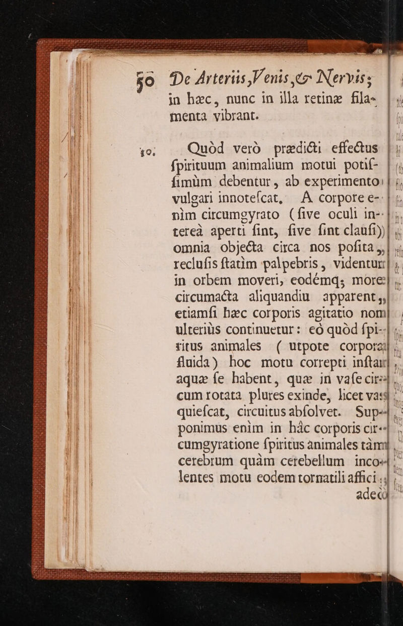 rcm diim d                 | 1$ 1 I in hec, nunc in illa retine fila» | b menta vibrant. | nén han aiedie qi qngh ox per qi AX UA raus oes EAE Pe opes DDR OE PLORCÓM, *. ge. M REUE S.A VR EIC Rr 1o; Quód veró. predi&amp;i effe&amp;us | | i fpirituum animalium motui potif- | jj I fimüm debentur , ab experimento; | ;; I vulgari innotefícat, —.À corporee- | ;, | nim circumgyrato (five oculi in-- | ;, tereà aperti fint, five fint claufi))| ;; omnia objeca cira mos pofita, ;; l reclufis ftatim palpebris, videntur] ;. ui in orbem moverl, eodémq; more] ,. circumacta aliquandiu apparent, etiamfi baec corporis agitatio nom| ulterius continuetur: eó quód fpi-.] ;. ritus animales ( utpote corporaj| fluda) hoc motu correpti inftay] ;. aqua fe habent, quz in vafe o: D. Phor yo gs anus LEV AT ONGUMS ea v TET 545 RP ad m, * P e Ut a MC LASS AR. oe d , MT uacua So etu af cum rotata plures exinde, licet vas$ quiefcat, circuitus abfolvet. Sup-| ponimus enim in hác corporis cir-| , cumgyratione fpiritus animales tàn P |^ f cerebrum quàm cerebellum inco» lentes motu eodem tormatili affici ; aded A [ l   y