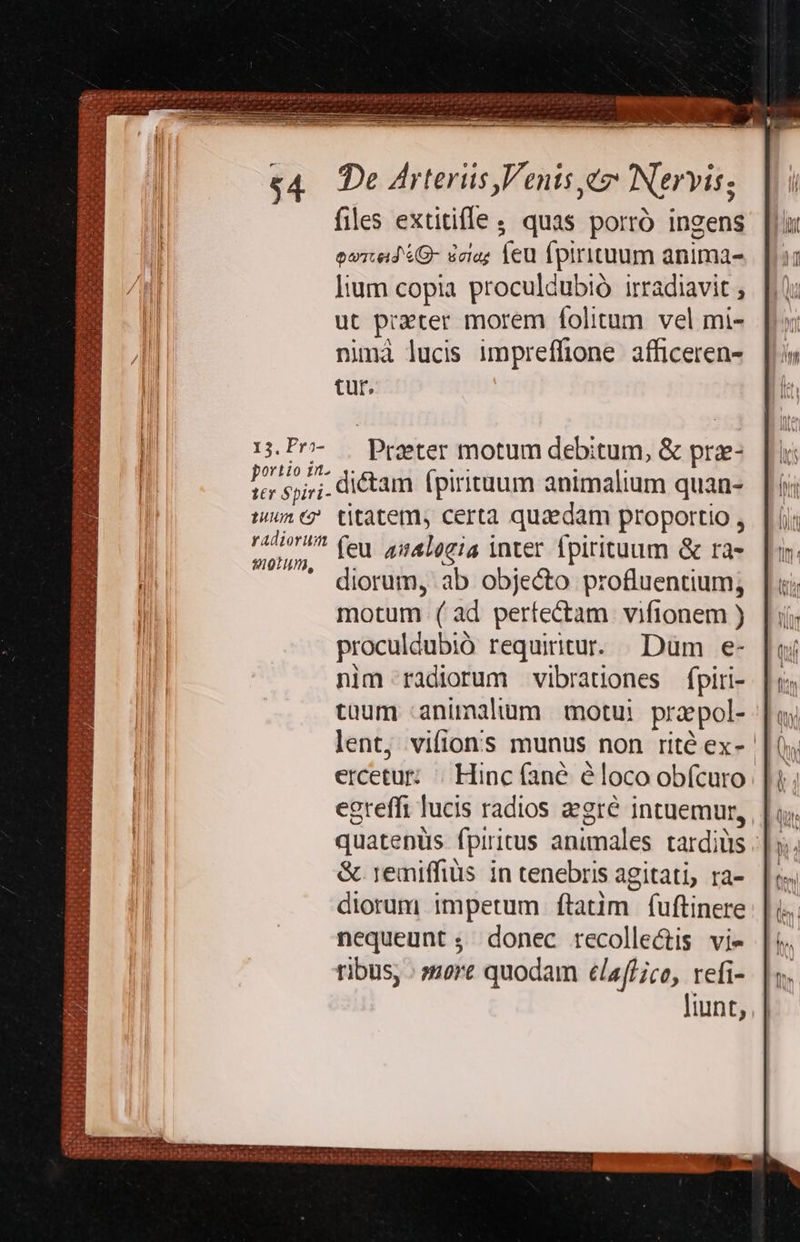 ccIUTeRTET  ES — otn c E OHIOOTUN TEORIA EE 5 ETC ndis  De Arteris Vents e? Nervis; files extitifle; quas porró ingens ovr.eid €G- dca; Íeu fpiriuuum anima- lium copia proculdubió irradiavit , ut prater morem folitum vel mi- nimà lucis impreffione afficeren- tur, 1j.P^- . Preeter motum debitum, &amp; prz- c 5j; dictam fpiritum animalium quan- tunc titatem, certa quzdam proportio , rr! (on. 254190; inter fpirituum &amp; ra $9101 4  . : ' diorum, ab objecto profluentium; motum (ad pertectam vifionem ) proculdubió requiritur. Dum e- nim radiorum vibrationes fpiri- tüum :animaliuum motui przpol- lent, vifions munus non rité ex-- ercetur: Hinc (ane éloco obícuro egreffi lucis radios eegré intuemur, quatenüs fpiritus animales tardiüs &amp; 1emiffiüs in tenebris agitati, ra- diorum impetum ftatim fuftinere nequeunt ; donec recollectis vi» ribus, : »ore quodam elaf/ ice, refi- 