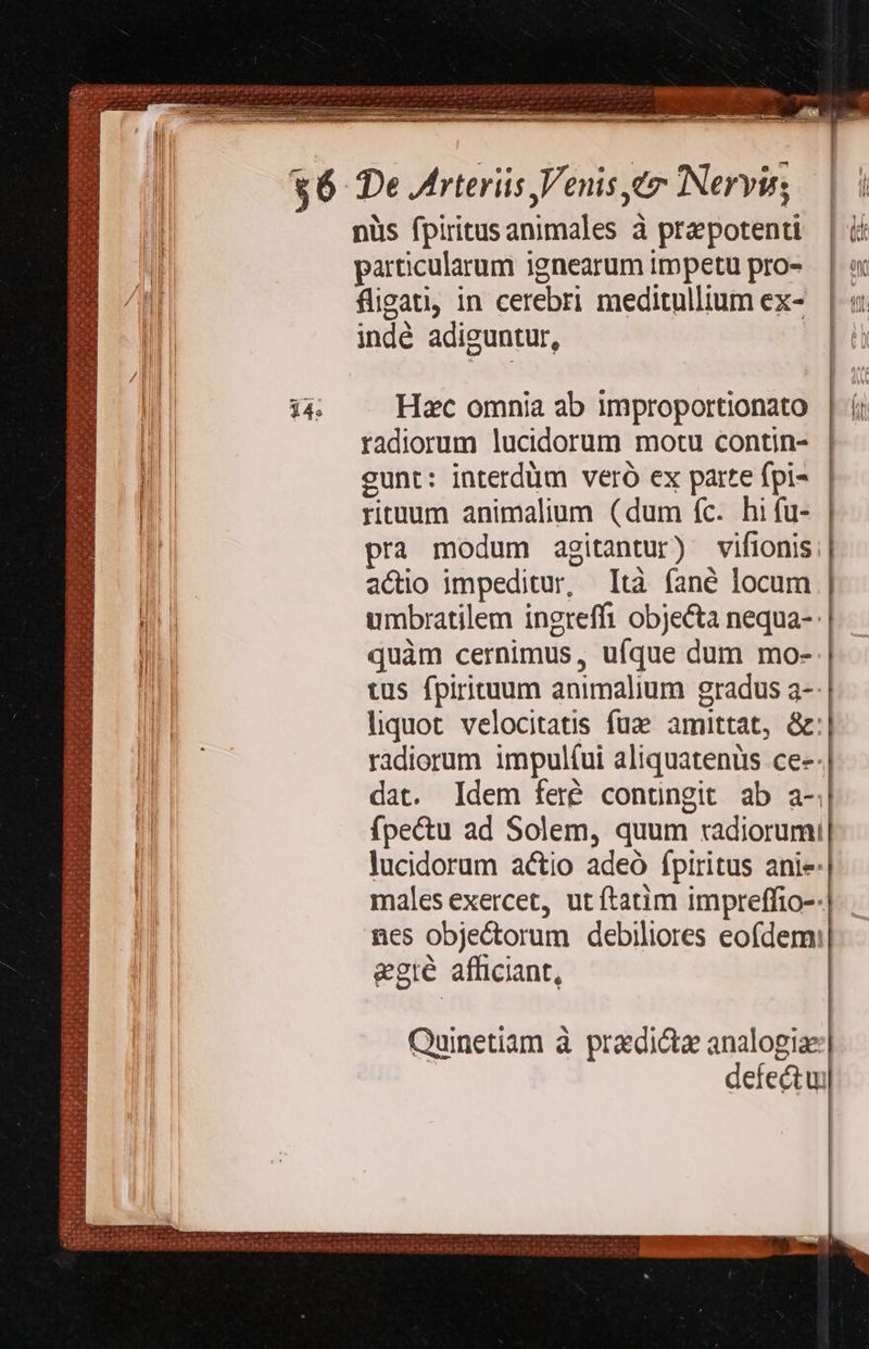 aii gregepare Epiat PE DS PL EET VITSE e e tes CRM  nüs fpiritus animales à prapotenti particularum ignearum impetu pro- fligati, in cerebri meditullium ex- indé adiguntur, Hac omnia ab improportionato radiorum lucidorum motu contin- eunt: interdüm veró ex parte fpi- rituum animalium (dum (c. hi fu- actio impeditur, Ità fané locum umbratilem ingreffi objecta nequa-: quàm cernimus, ufque dum mo- tus fpirituum animalium gradus a- liquot velocitatis fuze amittat, &amp;: radiorum impulíui aliquatenüs ces dat. Idem feré contingit ab a-. fpectu ad Solem, quum radiorum pr spe — — WR n p E WR MSS NN e M MÀ — males exercet, ut ftatim impreffio-- nes objectorum debiliores eofdem: egte afficiant, Quinetiam à praedicta analogize defectu: 
