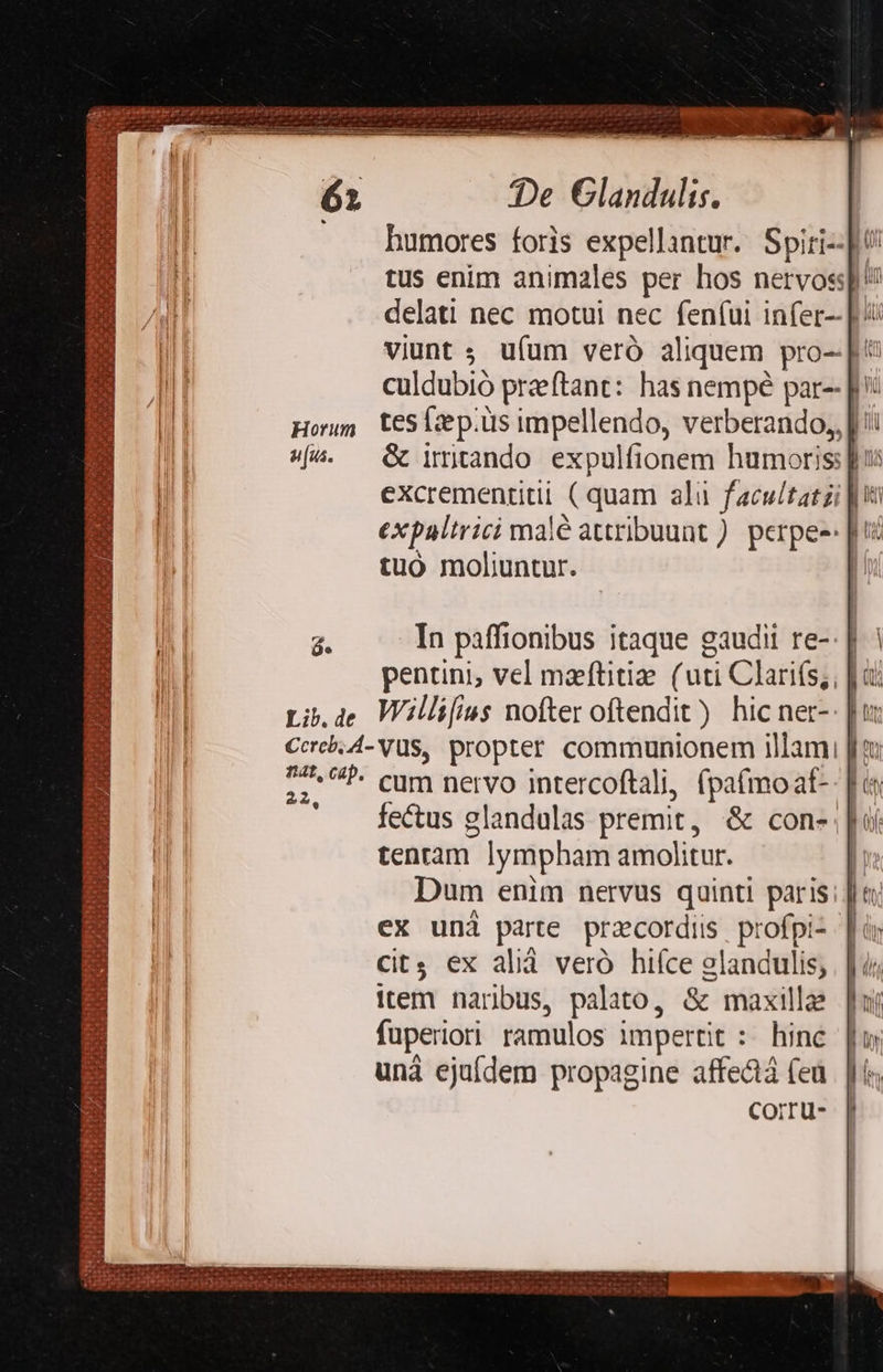 s c x carat ; pers fori ar xam 2 m END ELI Dee De €landulis. humores foris expellantur. Spiri--|! excrementitil (quam alü facultati |i expulirici malé attribuunt ) perpee: Du tuo moliuntur. mn d In páffionibus itaque gaudii re- | ! pentini, vel mzeftitie. (uti Clarifs,, | di Ccreb.A- VUS, propter communionem illami fo 2^. cum nervo intercoftali, (pa(moat-- | a ' . fecus glandulas premit, &amp; con-;| tentam lympham amolitur. Ó Dum enim nervus quinti paris; a ex unà parte praecordiis. profpi-. f cit ex alià veró hifce glandulis; Item narbus, palato, &amp; maxillae fuperiori ramulos impertit : hinc unà ejuídem propagine affe&amp;á (eu Corru- 