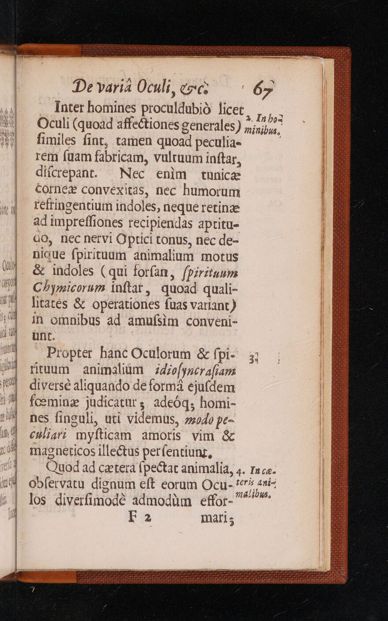 Mama «x - i co Ee Ll aia EN im Qa ——    De variá Oculi, c»; . Inter homines proculdubio licet Oculi (quoad affectiones generales) fimiles fint, tamen qnoad peculia- rem fuam fabricam, vulruum inftar, diícrepant. — Nec enim tunicae Corne convexitas, nec humorum refringentium indoles, neque retinze ad impreffiones recipiendas aptitu- QO, nec nervi Optici tonus, nec de- nigue fpirituum animalium motus &amp; indoles (qui forfan, fpirztuum Chymicorum. inftat, quoad quali- Propter hanc Oculorum &amp; fpi- rituum animaliüm | zZe[yocrafiam diversé aliquando de formá ejufdem foeminae judicatur, adeóq; homi- nes finguli, uti videmus, 7724» pe- cari myfticam amoris vim &amp; magneticos illectus perfentiunz,              los diverfimodé admodüm effor- La Inaris      