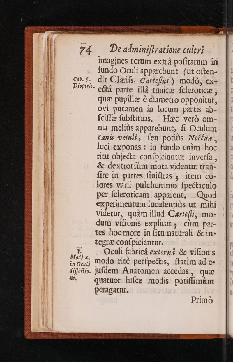 imagines rerum extrà pofitarum iri fundo Oculi apparebunt. (ut often- CH. 5. dit Claris. Cartefius ) modo, exe PHP e&amp; parte illà tunicae fcleroticze ) qua pupilla é diametro opponitut, Ovi putamen in locum partis ab- fciffz fubftituas, Hac veró om- nia melius apparebunt, fi Oculum Canis vetu, feu potius Nocue, luci exponas : in. fundo enim hoc ntu objecta conípiciuntur invería , &amp; dextrorfüm mota videntur tran- fire in. partes finiftras 9. item co- lores varii pulcherrimo. fpectaculo per fcleroticam apparent, .. Quod experimentum iuculentiüs ut. mihi videtur, quàm illud Carte(i, mo- dum vifionis explicat; cüm par- tes hoc more in fitu naturali &amp; in: tegra conípiciantur. ; Oculi fabricà exterg &amp; vifionis ARE modo rité perfpectis, ftatim ad e- diffcitio. Jaídem. .Anatomen accedas, qua ^ —— quatuor hifce modis. potiffimum peragatur. Primó or ia ie a tS PS; pd ra ?  . ;« MAYER VMEONIISATIM Ires pa ee NISI dM De p To 