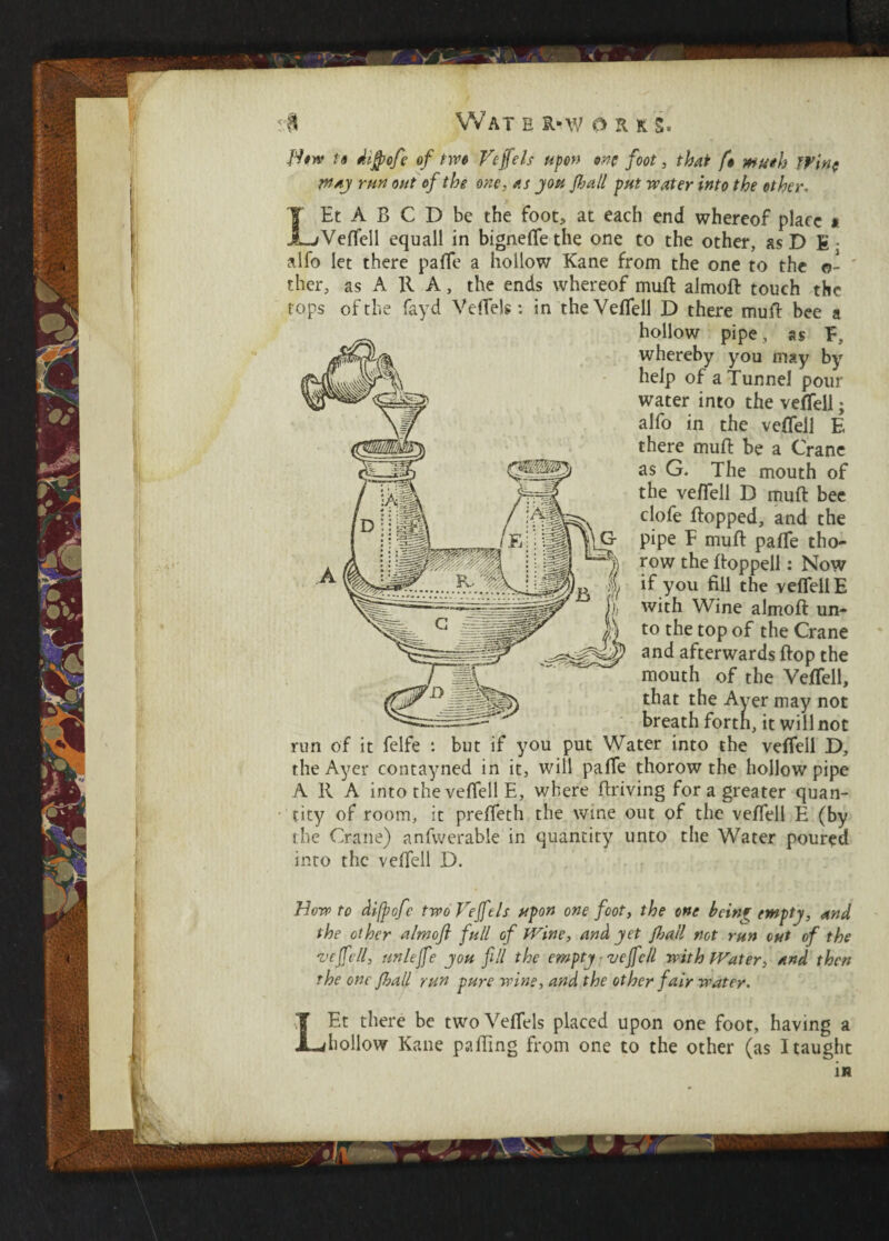 Htw n dip of e of two Vtftels upon one foot, that ft mu*h Wine Way run out of the one, as you Jhall put water into the ether< LEt A B C D be the foot, at each end whereof place s Veffell equall in bigneffethe one to the other, as D E alfo let there paffe a hollow Kane from the one to the ©- thcr, as A 11 A, the ends whereof mull almoft touch the tops of the fayd Veffels: in the Veffell D there muft bee a hollow pipe, as F, whereby you may by help of a Tunnel pour water into the veffell; alfo in the vefleil E there muft be a Crane as G. The mouth of the veffell D muft bee clofe flopped, and the pipe F muft paffe tho- row the ftoppell: Now if you fill the veffell E with Wine almoft un¬ to the top of the Crane and afterwards flop the mouth of the Veffell, that the Ayer may not breath forth, it will not run of it felfe : but if you put Water into the veffell D, the Ayer contayned in it, will paffe thorow the hollow pipe AKA into the veffell E, where ftriving for a greater quan¬ tity of room, it preffeth the wine out of the veffell E (by the Crane) anfwerable in quantity unto the Water poured into the veffell D. Howto difpofc twoVeftels upon one foot, the one being empty, and the other almoft full of Wine, and yet Jhall not run cut of the veftell, unlefte you fill the empty veftell with Water, and then the one Jhall run pure wine, and the other fair water. LEt there be twoVeffels placed upon one foot, having a hollow Kane pafling from one to the other (as I taught in