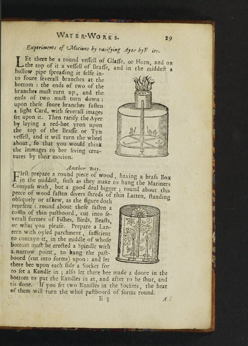 Experiments of CMocien, by rarifymg Ayer byV itr. T He there be a round veflell of GUfle, or Horn i-- the top of it a veflell of Braffe, and in the mi hollow pipe fpreading it feJfe in¬ to foure feverall branches at the bottom : the ends of two of the branche* muft turn up, and the ends of two muft turn down : upon thefe foure branches faften a light Card, with feverall images fet upon it. Then rarify the Ayer by laying a red-hot yron upon the top of the Brafle or Tyn vefTell, and it will turn the wheel about, fo that you would think the immages to bee living crea¬ tures by their mocion. Another Vvay. pirft prepare a round piece of wood, having a brafs Box r,n the middeft, fuch as they make to hang the Mariners Compafs with but a good deal bigger ; round about this peeee of wood faften dtvers (hreds of thin Latten, (landing obliquely or afkew, as the figure doth ** reprfent : round about thefe faften a coffin of thin paftboord, cut into fe¬ verall formes of Fillies, Birds, Beafts, or what you pleafe. Prepare a Lan¬ tern with oyled parchment, fufficient to contayn it, in the middle of whole* bottom muft be erefted a Spindle with anarrow point, to hang the paft¬ boord (cut into forms) upon : and let there bee upon each fide a Socket for to fet a Kandle in ; alfo let there bee made a doore in the bottom to put the Kandles in at, and after to be fhut, and tis done. If you fet two Kandles in the Sockets, the’heat •sft them will turn the whoi paftboord of forms round. E 5 A