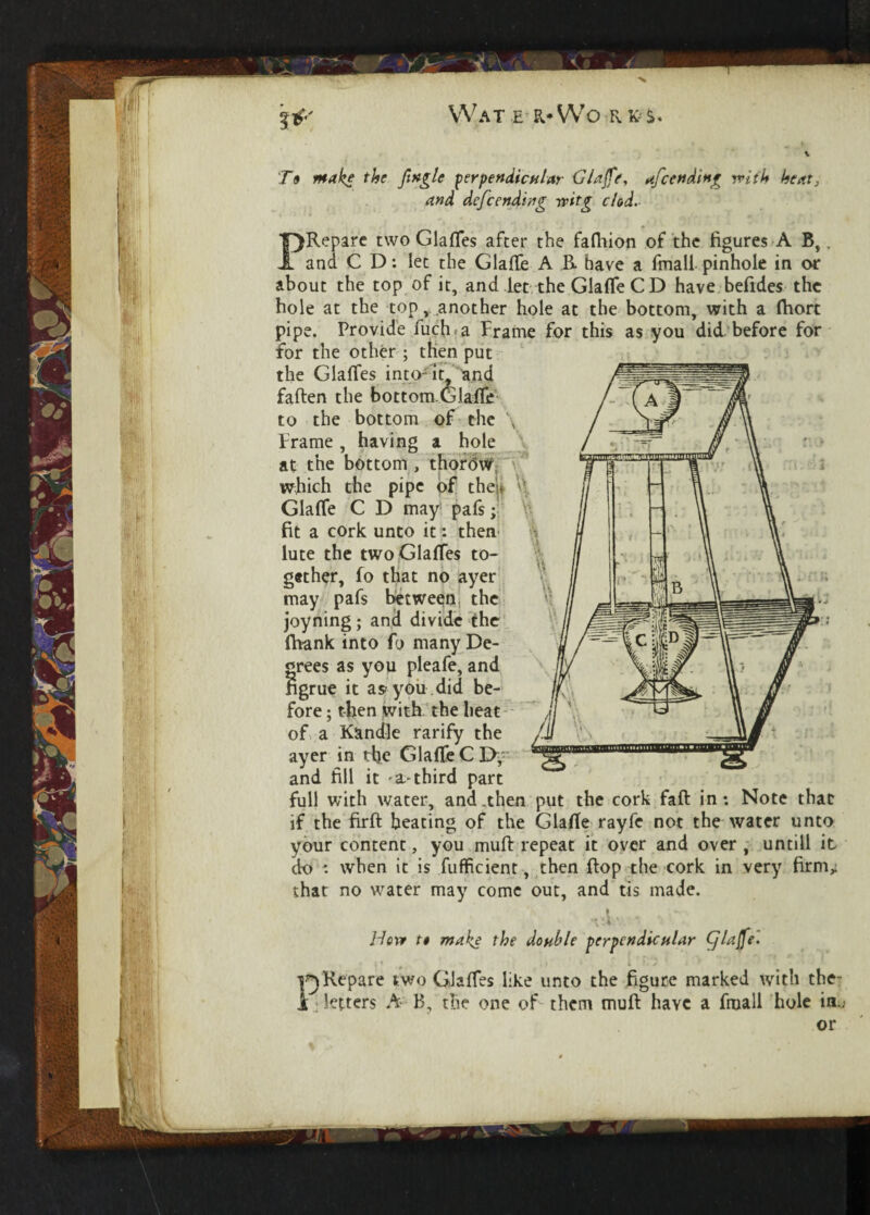 To make the Jingle perpendicular Glaffe, ofcending with heat, and defcending tritg clod. ■ e two GlafTes after the fafhion of the figures A B, and CD: let the GlafTe A B. have a fmall pinhole in or about the top of it, and let the GlafTe C D have befides the hole at the top,.another hole at the bottom, with a fhort pipe. Provide fuch.a Frame for this as you did before for for the other ; then put the GlafTes into-it and fallen the bottom.Glaife to the bottom of the \ Frame , having a hole \ at the bottom , thordw which the pipe of theU \\ GlafTe C D may pafs; \ fit a cork unto it: then lute the two GlafTes to¬ gether, fo that no ayer may pafs between, the joyning; and divide the fhank into fo many De¬ grees as you pleafe, and ngrue it as you did be¬ fore ; then with the heat of a Kandle rarify the ayer in the GlafTe C 1>,- and fill it ^a.-third part full with water, and .then put the cork fafl in: Note that if the firfl beating of the GlafTe rayfe not the water unto your content, you mufl repeat it over and over , untill it do when it is fufficient, then flop the cork in very firm,; that no water may come out, and tis made. v.F ^ ' ■ • How t» make the double perpendicular Cjlajfe. y) Repare two GlafTes like unto the figure marked with the- I letters A B, the one of them mufl have a fmall hole in.. or