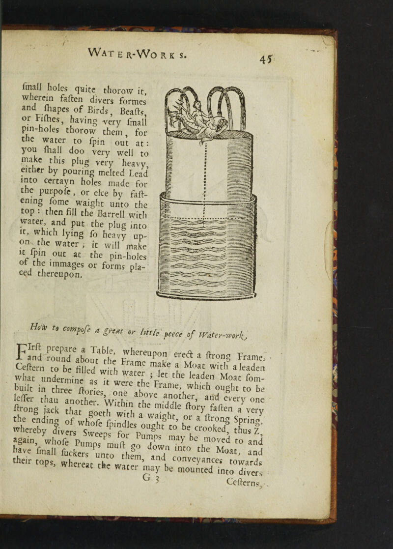 45 final! holes quite thorow it, wherein fatten divers formes and ftiapes of Birds, Beafts or Fi^es, having very fmali pin-holes thorow them for the water to fpin out at: you fhall doo very well to make this plug very heavy, either by pouring melted Lead into certayn holes made for the purpofe, or elce by fatt¬ ening fome waight unto the top : then fill the Barrell with water, and put the plug into it, which lying f0 heavy up¬ on the water, it will make it Ipin out at the pin-holes ot the immages or forms pla¬ ced thereupon. t9 comP°fe a great or little peece of Water-work. Fand roundeabouTtabth; ^“P0 ere* * ftron§ F«n Cettern to he v make a Moat with a lead whac undent IT; ^ the lead“ ^ built in three ftJL J te Frame’ wh‘ch ought to Si whereby Sv:rfsWShwtpsP,fo ep0Ught C° ^ again, whofePumps Plft Z 7$ may be ,m0ved to ar have fmali fuckers inrn ,|  dow,n int0 the Moat, ar their tops, whereat the ware’ t0nvey'lncc< towart into divei 3 Cettern