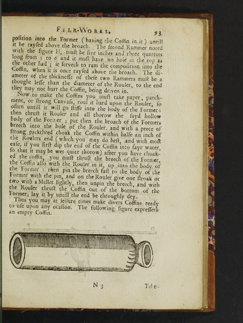 Fi t a-VVo a k si ^ j pofition into the Former ( having the Coffin in it) untill wirh rr?yfefid aboV,eI the broadi; The Fecond Hammer noted c Sule -1S rnuft be five inches and three quarters ?8f.om 5 «° 6 and it maft have no hole at the top at r er had ; it ferveth to ram the compoiirion into the t-ottin, when it is once rayled above the broach. The di- rhonohf0^ Jr' tblckn^e ot' thefe two Rammers mult be a thought Idle than the diameter of the Rouler, to the end they may not hurt the Coffin, being driven in. 0W t0 make the Coffins you muft take paper parch- °r m°ng <r1*nvafs’ r°ul “ I,ard hPO the Rouftr, fo then T'a •1 V I S° ftlfe lnt0 che body of the Former: then thruft it Rouler and all thorow the fayd hollow tody of the Former ; put then the broach of the Formers bieech into the hole of the Rouler, and with a peece of ftrong ;packthred choak the Coffin within halfe an inch of the Roulers end (which you may do heft, and with mod > you irft dip the end of the Coffin into fayr water io that it maybe wet quite thorow) after you have choak-’ rL r w2 Y°Uu thruft the breech of tiie Former, V Coffin alfo with the Rouler in it, up into the body of the Former : then pin the breech faff to che body of che Former with the pin, and on the Rouler give one ftroak ot two witn a Mallet lightly, then unpin the breech, and with the Rouler thruft the Coffin out of the bottom of the Former; lay it by untill the end be throughly dry. Thus you may at leifure times make divers Coffins ready an cmpUty'Coffin. °Cafi0n’ ** cxpreflitK Ted e v.