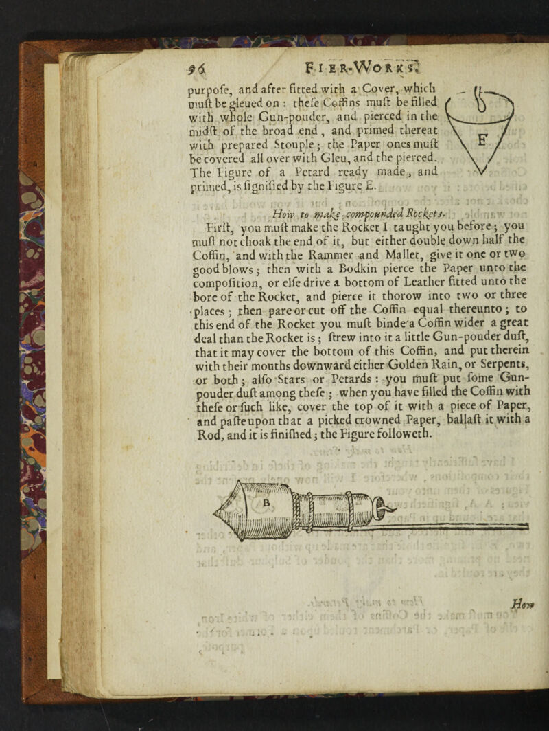 I * t-**?**'^#*#**** • -W purpofe, and after fitted with a Cover, which muft be gleued on : thefe Coffins muft be filled with whole Gun-poudcr, and pierced in the midfi: of the broad end, and primed thereat with prepared Stouple; the Paper ones muft be covered all over with Gleu, and the pierced. The figure of a Petard ready made, and primed, is fignified by the Figure £. •. re r imi ■ n>: ;<'T ‘>J .■ ' How to make. compounded Rockets. f irft, you muft make the Rocket I taught you betore; you muft not choak the end of it, but either double down half the Coffin, and with the Rammer and Mallet, give it one or two good blows; then with a Bodkin pierce the Paper unto the compofition, or elfe drive a bottom of Leather fitted unto the bore of the Rocket, and pierce it thorow into two or three . places ; then pare or cut off the Coffin equal thereunto ; to this end of the Rocket you muft binde a Coffin wider a great deal than the Rocket is; ftrew into it a little Gun-pouder duft, that it may cover the bottom of this Coffin, and put therein with their mouths downward either Golden Rain, or Serpents, or both; alfo Stars or Petards : -you muft put fome Gun- pouder duft among thefe ; when you have filled the Coffin with thefeorfuch like, cover the top of it with a piece of Paper, and pafteupon that a picked crowned Paper, ballaft it with a Rod, and it is finifhed; the Figure followeth.