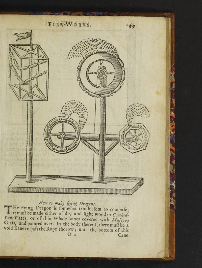 V i a a-VV o ax i. How to wake fifing Dragons. nr He flying Dragon is fomwhat troublefom to compofe; * it mufl be made either of dry and light wood or Crooked- Z4»ePlates, or of thin Whale-bones covered with Mufcovy Glafs, and painted over. In the body thereof, there muft be a void Kane to pafs the Rope thorow; unt the bottom of this O 2 ' Cane